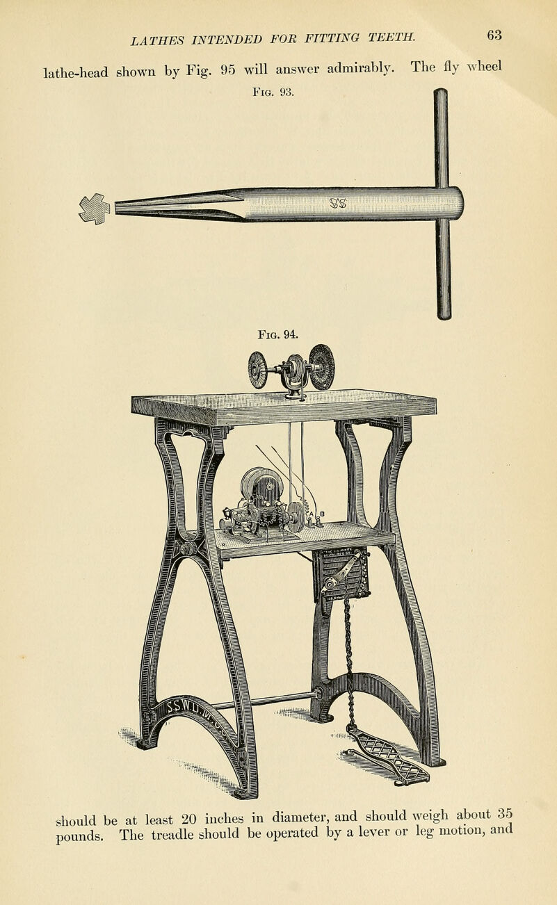 lathe-head shown by Fig. 95 will answer admirably. The fly wheel ( should be at least 20 inches in diameter, and should weigh about 35 pounds. The treadle should be operated by a lever or leg motion, and