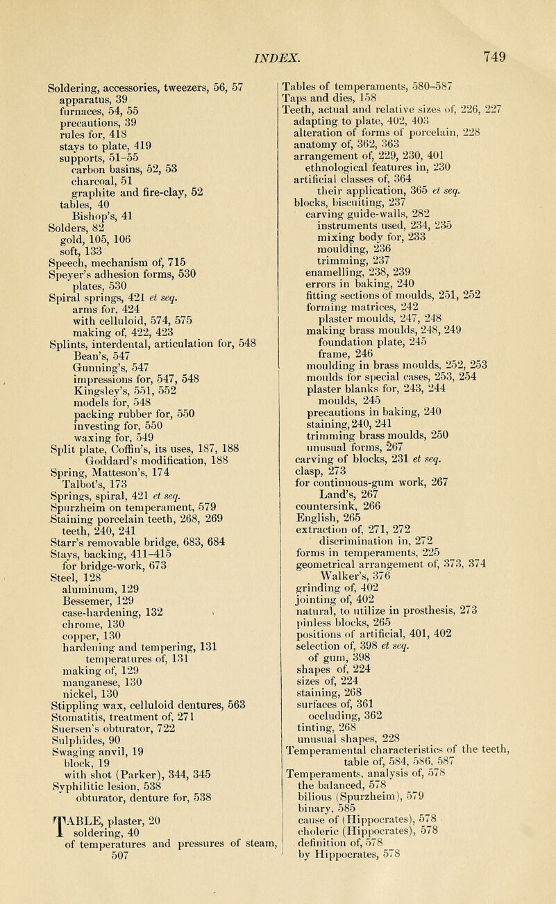 Soldering, accessories, tweezers, 56, 57 apparatus, 39 furnaces, 54, 55 precautions, 39 rules for, 418 stays to plate, 419 supports, 51-55 carbon basins, 52, 53 charcoal, 51 graphite and fire-clay, 52 tables, 40 Bishop's, 41 Solders, 82 gold, 105, 106 soft, 133 Speech, mechanism of, 715 Speyer's adhesion forms, 530 plates, 530 Spiral springs, 421 et seq. arms for, 424 with celluloid, 574, 575 making of, 422, 423 Splints, interdental, articulation for, 548 Bean's, 547 Gunning's, 547 impressions for, 547, 548 Kingsley's, 551, 552 models for, 548 packing rubber for, 550 investing for, 550 waxing for, 549 Split plate. Coffin's, its uses, 187, 188 Goddard's modification, 188 Spring, Matteson's, 174 Talbot's, 173 Springs, spiral, 421 et seq. Spiirzheim on temperament, 579 Staining porcelain teeth, 268, 269 teeth, 240, 241 Starr's removable bridge, 683, 684 Stays, backing, 411-415 for bridge-work, 673 Steel, 128 aluminum, 129 Bessemer, 129 case-hardening, 132 < chrome, 130 copper, 130 hardening and tempering, 131 temperatures of, 131 making of, 129 manganese, 130 nickel, 130 Stippling wax, celluloid dentures, 563 Stomatitis, treatment of, 271 Suersen's obturator, 722 Sulphides, 90 Swaging anvil, 19 block, 19 with shot (Parker), 344, 345 Syphilitic lesion, 538 obturator, denture for, 538 TABLE, plaster, 20 soldering, 40 of temperatures and pressures of steam, 507 Tables of temperaments, 580-587 Taps and dies, 158 Teeth, actual and relative sizes of, 226, 227 adapting to plate, 402, 403 alteration of forms of porcelain, 228 anatomy of, 362, 363 arrangement of, 229, 230, 401 ethnological features in, 230 artificial classes of, 364 their application, 365 et seq. blocks, bisciiiting, 237 carving guide-walls, 282 instruments used, 234, 235 mixing body for, 233 moulding, 236 trimming, 237 enamelling, 238, 239 errors in baking, 240 fitting sections of moulds, 251, 252 forming matrices, 242 plaster moulds, 247, 248 making brass moulds, 248, 249 foundation plate, 245 frame, 246 moulding in brass moulds, 252, 253 moulds for special cases, 253, 254 plaster blanks for, 243, 244 moulds, 245 precautions in baking, 240 staining, 240, 241 trimming brass moulds, 250 unusual forms, 567 carving of blocks, 231 et seq. clasp, 273 for continuous-gum work, 267 Land's, 267 countersink, 266 English, 265 extraction of, 271, 272 discrimination in, 272 forms in temperaments, 225 geometrical arrangement of, 373, 374 Walker's, 376 grinding of, 402 jointing of, 402 natural, to utilize in prosthesis, 273 j)inless blocks, 265 positions of ai-tificial, 401, 402 selection of, 398 et seq. of gum, 398 shapes of, 224 sizes of, 224 staining, 268 surfaces of, 361 occluding, 362 tinting, 268 unusual shapes, 228 Temperamental characteristics of the teeth, table of, 584, 586,^587 Temperaments, analysis of, 578 the balanced, 578 bilious (Spurzheim), 579 binary, 585 cause of (Hippocrates), 578 choleric (Hippocrates), 578 definition of, 578 by Hippocrates, 578