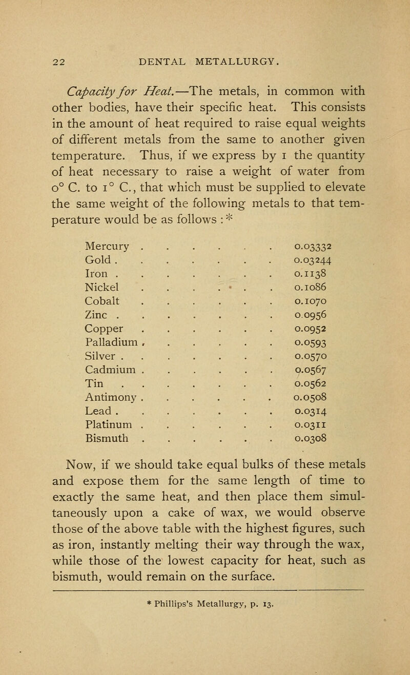 Capacity for Heat.—The metals, in common with other bodies, have their specific heat. This consists in the amount of heat required to raise equal weights of different metals from the same to another given temperature. Thus, if we express by i the quantity of heat necessary to raise a weight of water from o° C. to i° C, that which must be supplied to elevate the same weight of the following metals to that tem- perature would be as follows : * Mercury . 0.03332 Gold . 0.03244 Iron . 0.1138 Nickel • 0.1086 Cobalt 0.1070 Zinc . 0.0956 Copper 0.0952 Palladium , 0.0593 Silver . 0.0570 Cadmium . 0.0567 Tin . . 0.0562 Antimony . 0.0508 Lead . 0.0314 Platinum . 0.0311 Bismuth . 0.0308 Now, if we should take equal bulks of these metals and expose them for the same length of time to exactly the same heat, and then place them simul- taneously upon a cake of wax, we would observe those of the above table with the highest figures, such as iron, instantly melting their way through the wax, while those of the lowest capacity for heat, such as bismuth, would remain on the surface.