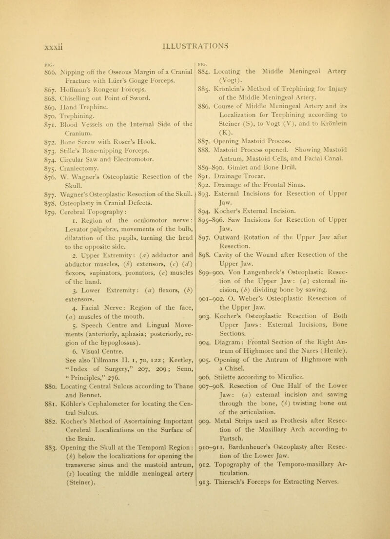 FIG. 866. Nipping off the Osseous Margin of a Cranial l-raclure with Liier's Gouge Forceps. 867. Hoffman's Kongeur Forceps. 868. Chiselling out Point of Sword. 869. Hand Trephine. 870. Trephining. 871. Blood Vessels on the Internal Side of the Cranium. 872. Bone Screw with Roser's Hook. 873. Stille's Bone-nipping Forceps. 874. Circular Saw and Electromotor. 875. Craniectomy. 876. W. Wagner's Osteoplastic Resection of the Skull. 877. Wagner's Osteoplastic Resection of the Skull. 878. Osteoplasty in Cranial Defects. 679. Cerebral Topography: 1. Region of the oculomotor nerve: Levator palpebrae, movements of the bulb, dilatation of the pupils, turning the head to the opposite side. 2. Upper Extremity: (a) adductor and abductor muscles, (i) extensors, (c) ((/) flexors, supinators, pronators, {e) muscles of the hand. 3. Lower Extremity: (a) flexors, (/') extensors. 4. Facial Nerve: Region of the face, («) muscles of the mouth. 5. Speech Centre and Lingual Move- ments (anteriorly, aphasia; posteriorly, re- gion of the hypoglossus). 6. Visual Centre. See also Tillmans H. i, 70, 122 ; Keetley,  Index of Surgery, 207, 209; Senn,  Principles, 276. 880. Locating Central Sulcus according to Thane and Bennet. 881. Kohler's Cephalometer for locating the Cen- tral Sulcus. 882. Kocher's Method of Ascertaining Important Cerebral Localizations on the Surface of the Brain. 883. Opening the Skull at the Temporal Region: {/>) below the localizations for opening the transverse sinus and the mastoid antrum, (i) locating the middle meningeal artery (Steiner). 884. Locating the Middle Meningeal Artery (Vogt). 885. Kronlein's Method of Trephining for Injury of the Middle Meningeal Artery. 886. Course of Middle Meningeal Artery and its Localization for Trephining according to Steiner (S), to Vogt (V), and to Kronlein (K). 887. Opening Mastoid Process. 888. Mastoid Process opened. Showing Mastoid Antrum, Mastoid Cells, and Facial Canal. 889-890. Gimlet and Bone Drill. 891. Drainage Trocar. 892. Drainage of the Frontal Sinus. 893. External Incisions for Resection of Upper Jaw. 894. Kocher's External Incision. 895-896. Saw Incisions for Resection of Upper Jaw. 897. Outward Rotation of the Upper Jaw after Resection. 898. Cavity of the Wound after Resection of the Upper Jaw. 899-9CXD. Von Langenbeck's Osteoplastic Resec- tion of the Upper Jaw: (a) external in- cision, ((^) dividing bone by sawing. 901-902. O. Weber's Osteoplastic Resection of the Upper Jaw. 903. Kocher's Osteoplastic Resection of Both Upper Jaws: External Incisions, Bone Sections. 904. Diagram: Frontal Section of the Right An- trum of Highmore and the Nares (Henle). 905. Opening of the Antrum of Highmore with a Chisel. 906. Stilette according to Miculicz. 907-908. Resection of One Half of the Lower Jaw: (a) external incision and sawing through the bone, (/') twisting hone out of the articulation. 909. Metal Strips used as Prothesis after Resec- tion of the Maxillary Arch according to Partsch. 910-911. Bardenheuer's Osteoplasty after Resec- tion of the Lower Jaw. 912. Topography of the Temporo-maxillary Ar- ticulation. 913. Thiersch's Forceps for Extracting Nerves.