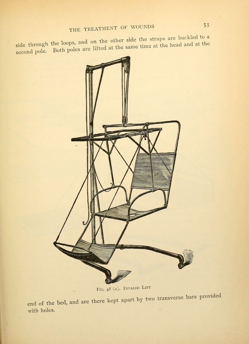 1 4-1.^ Other side the straps are buckled to a (fl). Invalid Lift e.d of the bed. and are there kept apart by two transverse bars provided with holes.