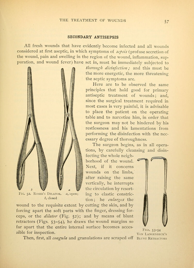 SECONDARY ANTISEPSIS All fresh wounds that have evidently become infected and all wounds considered at first aseptic, in which symptoms of sepsis (profuse secretion of the wound, pain and swelHng in the region of the wound, inflammation, sup- puration, and wound fever) have set in, must be immediately subjected to thorough disinfection; and this must be the more energetic, the more threatening the septic symptoms are. Here are to be observed the same principles that hold good for primary antiseptic treatment of wounds; and, since the surgical treatment required in most cases is very painful, it is advisable to place the patient on the operating table and to narcotize him, in order that the surgeon may not be hindered by his restlessness and his lamentations from performing the disinfection with the nec- essary degree of thoroughness. The surgeon begins, as in all opera- tions, by carefully cleansing and disin- fecting the whole neigh- borhood of the wound. ^ Next, if it concerns '^^ w^ounds on the limbs, after raising the same vertically, he interrupts the circulation by resort- a, open; ing to elastic constric- tion ; he enlarges the wound to the requisite extent by cutting the skin, and by forcing apart the soft parts with the finger, dressing for- ceps, or the dilator (Fig. 52); and by means of blunt retractors (Figs. 53-54), he draws the wound margins so far apart that the entire internal surface becomes acces- ••L1 r • • YlQ?,. 53-54 sible for mspection. Vox Langenbeck's Then, first, all coagula and granulations are scraped off Blcnt Retil^ctors Fig. 52. Roser's Dilator. b, closed