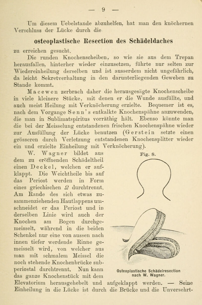 Um diesem Uebelstande abzuhelfen, hat mau deu kuöchernen Verschluss der Lücke durch die osteoplastische Resection des Schädeldaches zu erreichen gesucht. Die runden Knochenscheiben, so wie sie aus dem Trepan herausfallen, hinterher wieder einzusetzen, führte nur selten zur Wiedereinheilung derselben und ist ausserdem nicht ungefährlich, da leicht Sekretverhaltung in den darunterliegenden Geweben zu Stande kommt. M a c e w e n zerbrach daher die herausgesägte Knochenscheibe in viele kleinere Stücke, mit denen er die Wunde ausfüllte, und auch meist Heilung mit Yerknöcherung erzielte. Bequemer ist es, nach dem Vorgänge S e n n' s entkalkte Knochensi^ähne anzuwenden, die man in Sublimatspiritus vorräthig hält. Ebenso könnte man die bei der Meisselung entstandenen frischen Knochenspähne wieder zur Ausfüllung der Lücke benutzen (Gr er st ein setzte einen grösseren durch Verletzung entstandenen Knochens23litter wieder ein und erzielte Einheilung mit Verknöcherung). W. Wagner bildet aus Fig. 8. dem zu eröffnenden Schädeltheil einen Deckel, welchen er auf- klappt. Die Weichtheile bis auf das Periost werden in Form eines griechischen Q durchtrennt. Am Kande des sich etwas zu- sammenziehenden Hautlappens um- schneidet er das Periost und in derselben Linie wird auch der Knochen am Bogen durchge- meisselt, während in die beiden Schenkel nur eine von aussen nach innen tiefer werdende Kinne ge- meisselt wird, von welcher aus man mit schmalem Meissel die noch stehende Knochenbrücke sub- periostal durchtrennt. Nun kann das ganze Knochenstück mit dem ^^ Osteoplastische Schädelresection nach W. Wagner. Elevatorium herausgehebelt und aufgeklappt werden. — Seine Einheilung in die Lücke ist durch die Brücke und die Unversehrt-