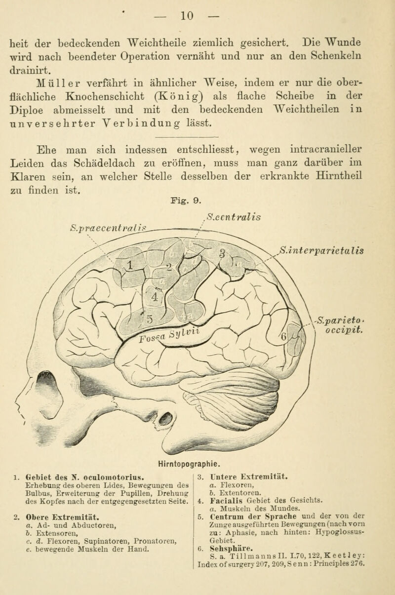 heit der bedeckenden Weichtheile ziemlich gesichert. Die Wunde wird nach beendeter Operation vernäht und nur an den Schenkeln drainirt. Müller verfährt in ähnlicher AVeise, indem er nur die ober- flächliche Knochenschicht (König) als flache Scheibe in der Diploe abmeisselt und mit den bedeckenden AVeichtheilen in unversehrter Verbinduns' lässt. Ehe man sich indessen entschliesst, wegen intracranieller Leiden das Schädeldach zu eröfi'nen, muss man ganz darüber im Klaren sein, an welcher Stelle desselben der erkrankte Hirntheil zu finden ist. Fig. 9. .S.ccntralis S.praecentrali ß. int erpa rietal is \'S.parietO' \ occipit. Hirntopographie. Gebiet des N. oculomotorius. Erhebung des oberen Lides, Bewegungen des Bulbus, Erweiterung der Pupillen, Drehung des Kopfes nach der entgegengesetzten Seite. Obere Extremität. a. Ad- und Abductoren, b. Extensoren, c. d. Flexoren, Supinatoren, Pronatoren, e. bewegende Muskeln der Hand. 3. Untere Extremität. o. Flexoren, 6. Estentoren. 4. Facialis Gebiet des Gesichts. o. Muskeln des Mundes. 5. Centrom der Sprache und der von der Zunge ausgeführten Bewegungen (nach vorn zu: Aphasie, nach hinten: Hypoglossus- Gebiet. 6. Sehsphäre. S. a. Tillmannsll. 1.70,122, Keetl ey: Index of surgery 207, 209, Senn: Principles 276,