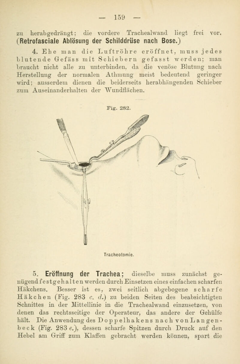 zu herab gedräDgt die vordere Tracliealwand liegt frei vor. (Retrofasciaie Ablösung der Schilddrüse nach Böse.) 4. Ehe mau die Luftröhre eröffnet, muss jedes blutende Gefäss mit Schiebern gefasst werden; man braucht nicht alle zu unterbinden, da die venöse Blutung nach Herstellung der normalen Athmung meist bedeutend geringer wird; ausserdem dienen die beiderseits herabhängenden Schieber zum Auseinanderhalten der AVundflächen. Fig. 282. Tracheotomie. 5. Eröffnung der Trachea: dieselbe muss zunächst ge- nügendiestgehalten werden durch Einsetzen eines einfachen scharfen Häkchens. Besser ist es, zwei seitlich abgebogene scharfe Häkchen (Fig. 283 c\ d.) zu beiden Seiten des beabsichtigten Schnittes in der Mittellinie in die Tracliealwand einzusetzen, von denen das rechtsseitige der Operateur, das andere der Gehülfe hält. Die Anwendung des DojDpelhakens nach vonLangen- beck (Fig. 283 <?.), dessen scharfe Spitzen durch Druck auf den Hebel am Griff zum Klaffen gebracht werden können, spart die