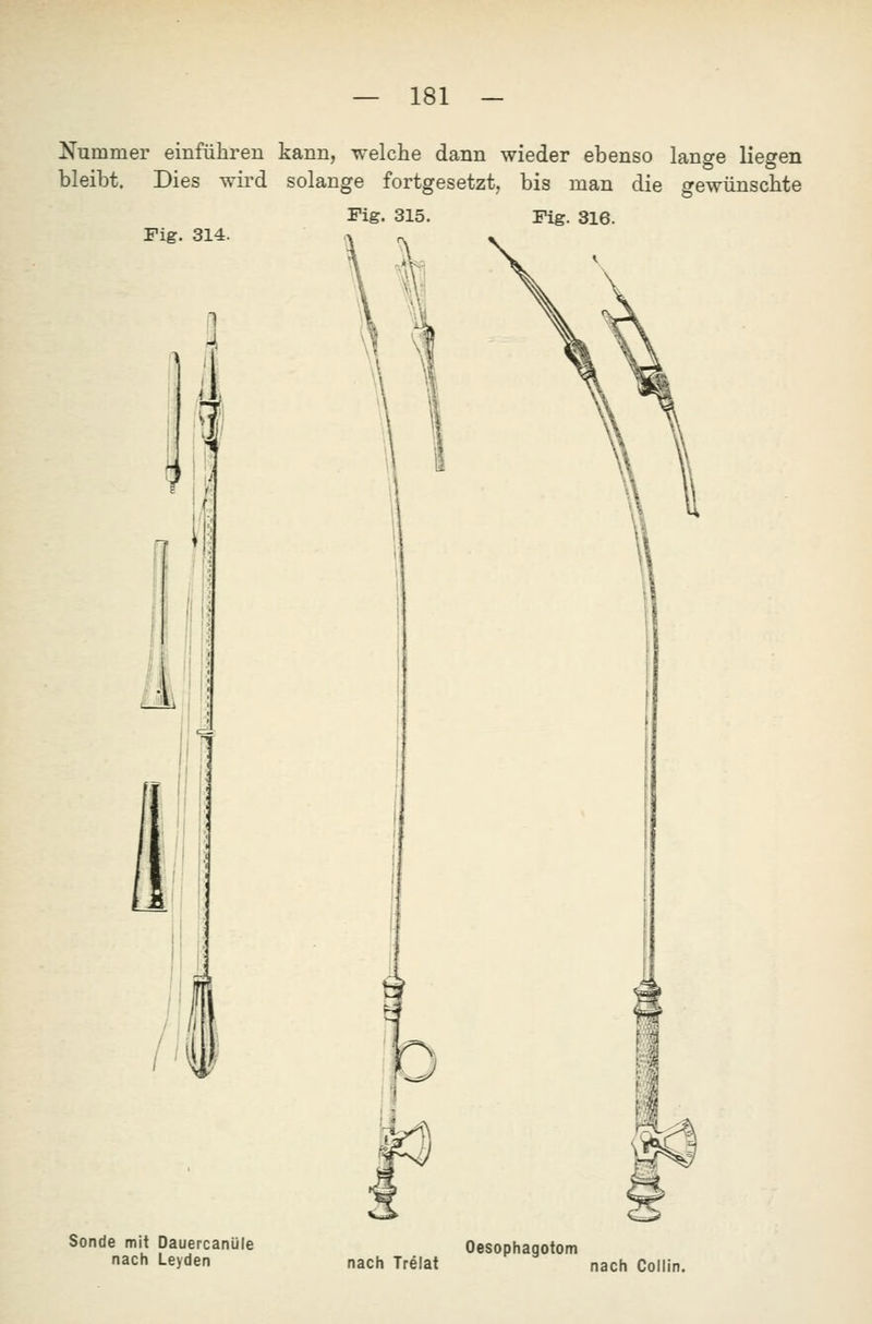 Nummer einfüliren kann, welche dann wieder ebenso lange liegen bleibt. Dies wird solange fortgesetzt, bis man die gewünschte Fig. 315. Pig. 316. Fig. 314. Sonde mit Dauercanüle nach Leyden Oesophagotom nach Trelat nach Collin.