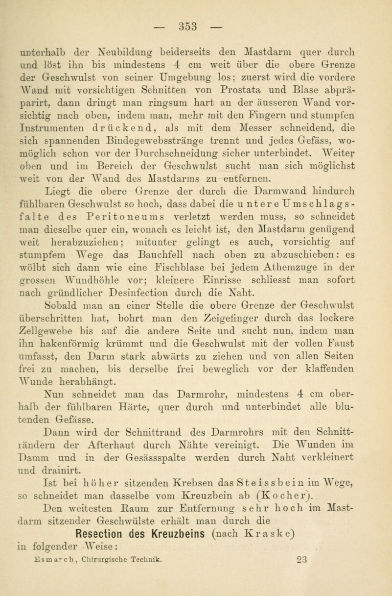 unterhalb der Neubildung beiderseits den Mastdarm quer durch und löst ihn bis mindestens 4 cm weit über die obere Grrenze der Geschwulst von seiner Umgebung los; zuerst wird die vordere Wand mit vorsichtigen Schnitten von Prostata und Blase abprä- parirt, dann dringt man ringsum hart an der äusseren Wand vor- sichtig nach oben, indem mau, mehr mit den Fingern und stumpfen Instrumenten drückend, als mit dem Messer schneidend, die sich spannenden Bindegewebsstränge trennt und jedes Gefäss, wo- möglich schon vor der Durchschneidung sicher unterbindet. Weiter oben und im Bereich der Geschwulst sucht man sich möglichst weit von der Wand des Mastdarms zu entfernen. Liesrt die obere Grenze der durch die Darmwand hindurch fühlbaren Geschwulst so hoch, dass dabei die untereUmschlags- falte des Peritoneums verletzt werden muss, so schneidet man dieselbe quer ein, wonach es leicht ist, den Mastdarm genügend weit herabzuziehen: mitunter gelingt es auch, vorsichtig auf stumpfem Wege das Bauchfell nach oben zu abzuschieben: es wölbt sich dann wie eine Fischblase bei jedem Athemzuge in der grossen Wundhöhle vor; kleinere Einrisse schliesst man sofort nach gründlicher Desinfection durch die Xaht. Sobald man an einer Stelle die obere Grenze der Geschwulst überschritten hat, bohrt man den Zeigefinger durch das lockere Zellgewebe bis auf die andere Seite und sucht nun. indem man ihn hakenförmig krümmt und die Geschwulst mit der vollen Faust umfasst, den Darm stark abwärts zu ziehen und von allen Seiten frei zu machen, bis derselbe frei beweglich vor der klaffenden Wunde herabhängt. Xun schneidet man das Darmrohr, mindestens 4 cm ober- halb der fühlbaren Härte, quer durch und unterbindet alle blu- tenden Gefässe. Dann wird der Schnittrand des Darmrohrs mit den Schnitt- ländern der Afterhaut durch Nähte vereinigt. Die Wunden im Damm und in der Gesässspalte werden durch Naht verkleinert und drainirt. Ist bei höher sitzenden Krebsen das S t e i s s b e i n im Wege, so schneidet man dasselbe vom Kreuzbein ab (Kocher). Den weitesten Kaum zur Entfernung sehr hoch im Mast- darm sitzender Geschwülste erhält mau durch die Resection des Kreuzbeins (nach Kraske) in folgender AVeise: Esma'-ch, Chirurgische Technik. 23