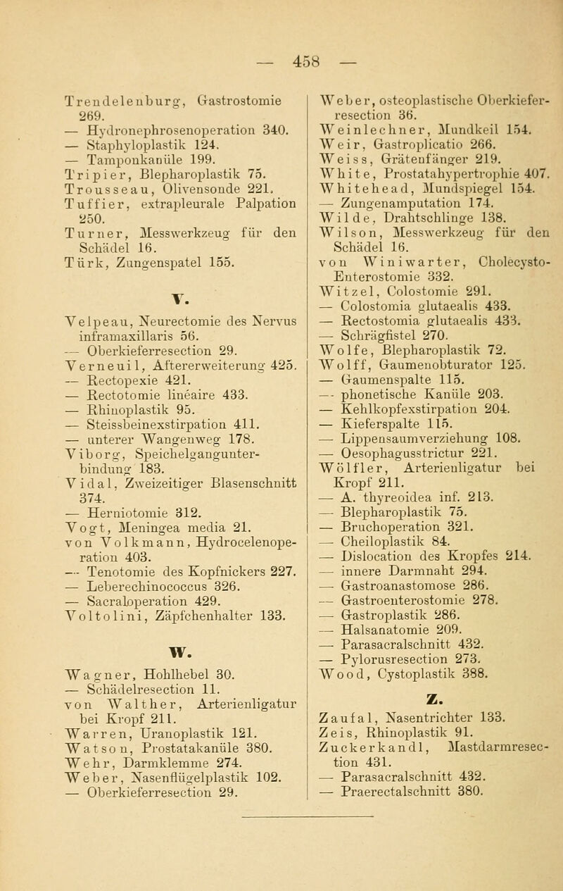 Trendeleuburg-, Gastrostomie 269. — Hytlronephrosenoperation 340. — Staphyloplastik 124. — Tampoukanüle 199. Tripier, Blepharoplastik 73. Trousseau, Olivensonde 221. Tuffier, extrapleurale Palpation 250. Turner, Messwerkzeug für den Schädel 16. Türk, Zungenspatel 15.5. V. Velpeau, Neurectomie des Nervus inframaxillaris 56. — Oberkieferresection 29. Verneuil, Aftererweiterung 425. — Rectopexie 421. — Rectotomie lineaire 433. — Rhiuoplastik 95. — Steissbeinexstirpation 411. — unterer Wangenweg 178. Viborg, Speicbelgangunter- bindung 183. Vidal, Zweizeitiger Blasenschnitt 374. — Herniotomie 312. Vogt, Meningea media 21. von Volk mann, Hydrocelenope- ration 403. — Tenotomie des Kopfnickers 227. — Leberechinococcus 326. — Sacraloperation 429. Voltolini, Zäpfchenhalter 133. W. Wagner, Hohlhebel 30. — Schädelresection 11. von Walt her, Arterieuligatur bei Kropf 211. Warren, Uranoplastik 121. Watsou, Prostatakanüle 380. Wehr, Darmklemme 274. Weber, Nasenflügelplastik 102. — Oberkieferresection 29. Weber, osteoplastische Oberkiefer- resection 36. Weinlechner, Mundkeil 154. Weir, Gastroplicatio 266. Weiss, Gräteufänger 219. White, Prostatahyperti-ophie 407. W h i t e h e a d, Mundspiegel 154. — Zungenamputation 174. Wilde, Drahtschlinge 138. Wilson, Messwerkzeug für den Schädel 16. von Wini warter, Cholecysto- Enterostomie 332. Witzel, Colostomie 291. — Colostomia glutaealis 433. — Rectostomia glutaealis 433. — Schrägfistel 270. Wolfe, Blepharoplastik 72. Wolff, Gaumeuobturator 125. — Gaumenspalte 115. — - phonetische Kanüle 203. — Kehlkopfexstirpation 204. — Kieferspalte 115. — Lippensaumverziehung 108. — Oesophagusstrictur 221. Wo Hier, Arterieuligatur bei Kropf 211. — A. thyreoidea inf. 213. — Blepharoplastik 75. — Bruchoperation 321. — Cheiloplastik 84. — Dislocation des Kropfes 214. — innere Darmnaht 294. ■—• Gastroanastomose 286. — Gastroenterostomie 278. — Gastroplastik 286. — Halsanatomie 209. — Parasacralschnitt 432. — Pylorusresection 273. Wood, Cystoplastik 388. Z. Zaufal, Nasentrichter 133. Zeis, Rhinoplastik 91. Zucke rkandl, Mastdarmresec- tion 431. —• Parasacralschnitt 432. — Praerectalschnitt 380.