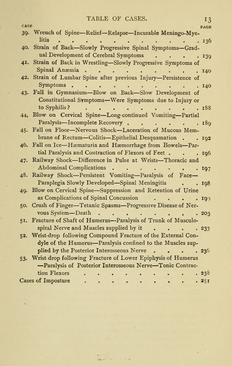 CASE PAGE 39. Wrench of Spine—Relief—Relapse—Incurable Meningo-Mye- litis 136 40. Strain of Back—Slowly Progressive Spinal Symptoms—Grad- ual Development of Cerebral Symptoms . . . .139 41. Strain of Back in Wrestling—Slowly Progressive Symptoms of Spinal Anaemia ......... 140 42. Strain of Lumbar Spine after previous Injury—Persistence of Symptoms ... ....... 140 43. Fall in Gymnasium—Blow on Back—Slow Development of Constitutional Symptoms—Were Symptoms due to Injury or to Syphilis? 188 44. Blow on Cervical Spine—Long-continued Vomiting—Partial Paralysis—Incomplete Recovery 189 45. Fall on Floor—Nervous Shock—Laceration of Mucous Mem- brane of Rectum—Colitis—Epithelial Desquamation . . 192 46. Fall on Ice—Hsematuria and Haemorrhage from Bowels—Par- tial Paralysis and Contraction of Flexors of Feet . . . 196 47. Railway Shock—Difference in Pulse at Wrists—Thoracic and Abdominal Complications ....... 197 48. Railway Shock—Persistent Vomiting—Paralysis of Face— Paraplegia Slowly Developed—Spinal Meningitis . . 198 49. Blow on Cervical Spine—Suppression and Retention of Urine as Complications of Spinal Concussion .... 199 50. Crush of Finger—Tetanic Spasms—Progressive Disease of Ner- vous System—Death ........ 203 51. Fracture of Shaft of Humerus—Paralysis of Trunk of Musculo- spiral Nerve and Muscles supplied by it . . . . 233 52. Wrist-drop following Compound Fracture of the External Con- dyle of the Humerus—Paralysis confined to the Muscles sup- plied by the Posterior Interosseous Nerve .... 236 53. Wrist-drop following Fracture of Lower Epiphysis of Humerus —Paralysis of Posterior Interosseous Nerve—Tonic Contrac- tion Flexors ......... 238 Cases of Imposture 251