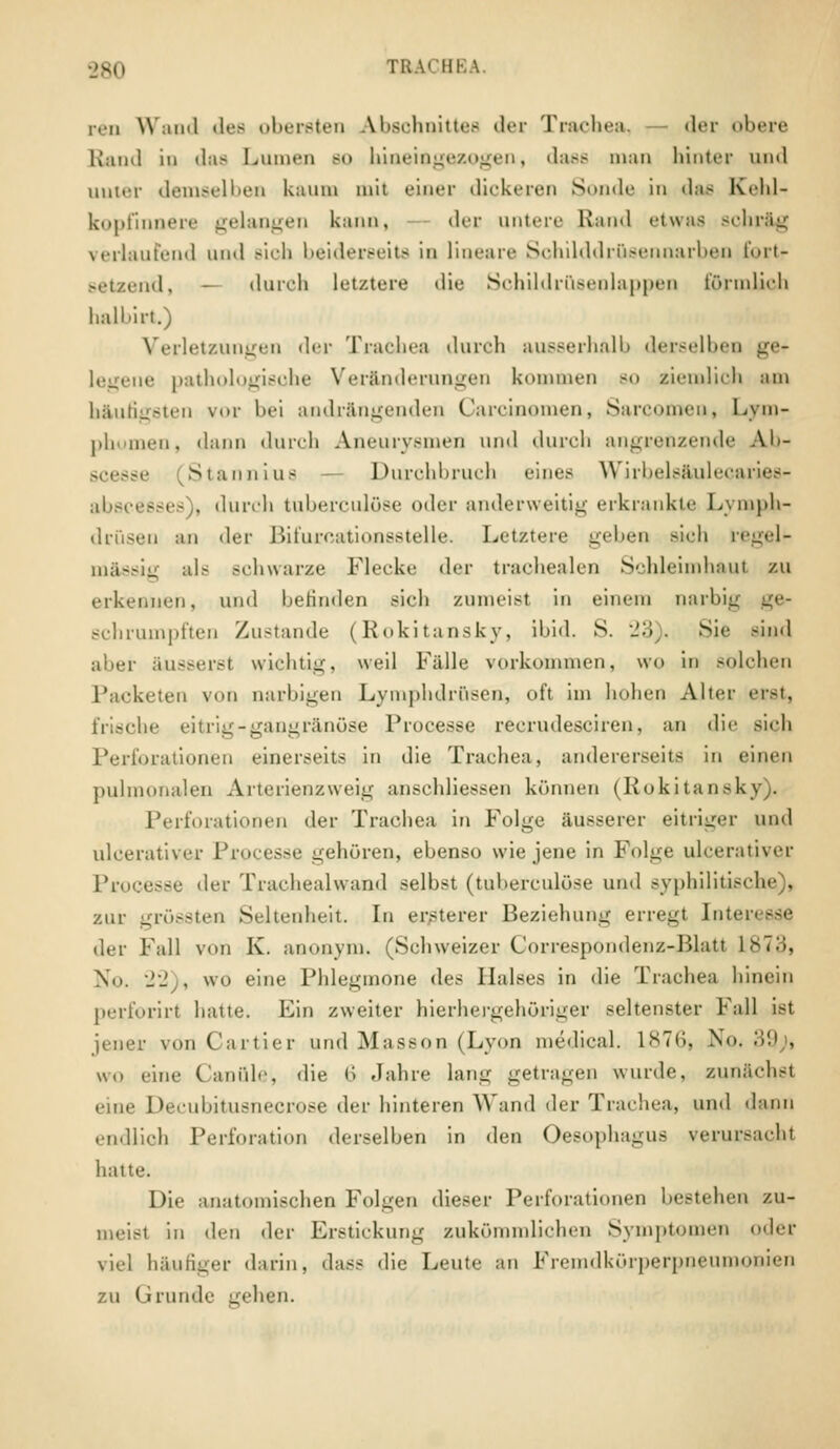 ifii Wand tli-s obersten Abschnittes der Trachea, der obere Etand in «las Lumen bo biaeiogezogen, dass man (unter und auter demselben kaum mit einer dickeren Sonde in das Kehl- kopfinnere gelangen kann, der untere Kami etwas schräg verlaufend nn<l -ich beiderseits in lineare SchilddrOsennarben fortr setzend, - durob letztere die Schildrüsenlappen förmlich halbirt.) Verletzungen der Trachea durch ausserhalb derselben get lagene pathologische Veränderungen kommen so ziemlich am häufigsten vor bei andrängenden Carcinomen, Sarcomen, Lym- phumen, dann durch Aneurysmen und durch angrenzende Ab- scesse Staun ins Durchbruch eines Wirbelsäulecaries- abscesses), durch tuberculöse oder anderweitig erkrankte Lymph- drusen an der Bifurcationsstelle. Letztere geben sich regel- mässig als schwarze Flecke der trachealen Schleimhaut zu erkennen, und befinden sich zumeist in einem narbig schrumpften Zustande (Rokitansky, ibid. S. 23). Sie sind aber äusserst wichtig, weil Fälle vorkommen, wo in solchen Packeten von narbigen Lymphdrüsen, oft im hohen Alter erst, frische eitrig-gangränöse Processe recrudesciren, an die sich Perforationen einerseits in die Trachea, andererseits in einen pulmonalen Arterienzweig anschliessen können (Rokitansky). Perforationen der Trachea in Folge äusserer eitriger und ulcerativer Processe gehören, ebenso wie jene in Folge ulcerativer Processe der Trachealwand selbst (tuberculöse und syphilitische), zur grössten Seltenheit. In ersterer Beziehung erregt [nt( der Fall von K. anonym. (Schweizer Correspondenz-Blatt L873, \o. 22), wo eine Phlegmone des Halses in die Trachea hinein perforiri hatte. Ein zweiter hierhergehöriger seltenster Fall ist jener von Cartier und Masson (Lyon medieal. 1876» No. 39;, WO eine Canüle, die 6 Jahre lang getragen wurde, zunächst eine Decubitusnecrose der hinteren Wand der Trachea, und dann endlich Perforation derselben in den Oesophagus verursacht hatte. Die anatomischen Folgen dieser Perforationen bestehen zu- in <lr\\ der Erstickung zukönmdichen Symptomen oder viel häufiger darin, dass die Leute an Freindkörperpneuuioiucii zu Grunde gehen.