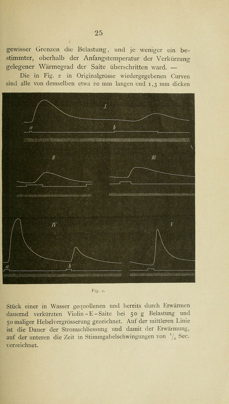 gewisser Grenzen die Belastung, und je weniger ein be- stimmter, oberhalb der Anfangstemperatur der Verkürzung gelegener Wärmegrad der Saite überschritten ward. — Die in Fig. 2 in Originalgrösse wiedergegebenen Curven sind alle von demselben etwa 20 mm langen und 1,3 mm dicken Stück einer in Wasser gequollenen und bereits durch Erwärmen dauernd verkürzten Violin - E - Saite bei 50 g Belastung und Somahger Hebelvergrösserung gezeichnet. Auf der mittleren Linie ist die Dauer der StromschHessung und damit der Erwärmung, auf der unteren die Zeit in Stimmgabelschwingungen von '/z See. verzeichnet.