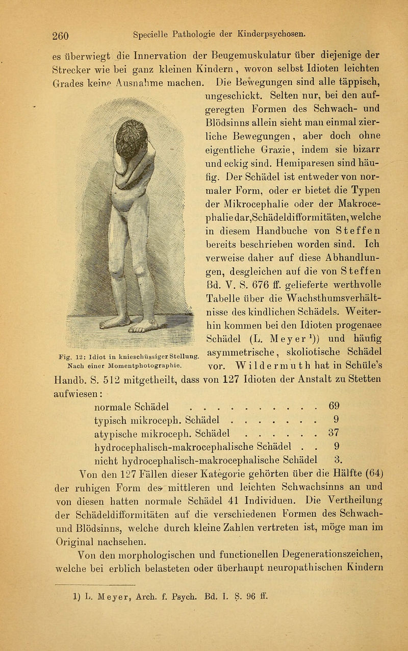 es überwiegt die Innervation der Beugemuskulatur über diejenige der Strecker wie bei ganz kleinen Kindern , wovon selbst Idioten leichten Grades keine Ausnahme machen. Die Bewegungen sind alle täppisch, ungeschickt. Selten nur, bei den auf- geregten Formen des Schwach- und Blödsinns allein sieht mau einmal zier- liche Bewegungen, aber doch ohne eigentliche Grazie, indem sie bizarr und eckig sind. Hemiparesen sind häu- fig. Der Schädel ist entweder von nor- maler Form, oder er bietet die Typen  -. der Mikrocephalie oder der Makroce- phaliedar,Schädeldiiforraitäten, welche ... in diesem Handbuche von Steffen bereits beschrieben worden sind. Ich ^^^ verweise daher auf diese Äbhandlun- ^*^ . - gen, desgleichen auf die von Steffen ^^^» . >. ' Bd. V. S. 676 ff. gelieferte werthvoUe 1^ , Tabelle über die Wachsthumsverhält- i.g,.=«-^«it nisse des kindlichen Schädels. Weiter- ■^ ' L*^^^^, hin kommen bei den Idioten progenaee ^^ Schädel (L. Meyer*)) und häufig Fig. i2:idiotinkniescbüssigerstenung. asymmetrische, skoliotische Schädel Nach einer Momentphotographie. yor. Wilder Uiuth hat iu Schülc's Handb. S. 512 mitgetheilt, dass von 127 Idioten der Anstalt zu Stetten aufwiesen: normale Schädel 69 typisch mikroceph. Schädel 9 atypische mikroceph. Schädel 37 hydrocephalisch-makrocephalische Schädel . . 9 nicht hydrocephalisch-makrocephalische Schädel 3. Von den 127 Fällen dieser Kategorie gehörten über die Hälfte (64) der ruhigen Form des- mittleren und leichten Schwachsinns an und von diesen hatten normale Schädel 41 Individuen. Die Vertheilung der Schädeldifformitäten auf die verschiedenen Formen des Schwach- und Blödsinns, welche durch kleine Zahlen vertreten ist, möge man im Original nachsehen. Von den morphologischen und functionellen Degenerationszeichen, welche bei erblich belasteten oder überhaupt neuropathischen Kindern 1) L. Meyer, Arch. f. Psych. Bd. I. S. 96 ff.