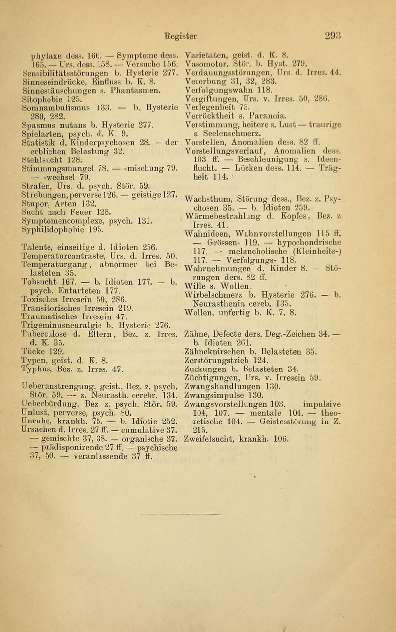 phylaxe dcsH. 106. — Syniptomo rloHH. 165. — ür.s, des.s. ir)8. — Vcr.suclic 156. HensibilitiltKHtörungen h. Hysterie 277. Sinneseindrücke, Eindiiss !>. K. 8. Sinnestäupchiingen s. l'liantasmen. Bitophobie 125. Somnambulismus 133. — b. Hysterie 280, 282. Spasmus nutans b. Hysterie 277. Spielarten, psych, d. K. 9. Statistik d. Kinderpsychosen 28. — der erblichen Belastung 32. Stehlsucht 128. Stimmungsmangel 78. mischung 7Ü. Wechsel 79. Strafen, Urs. d. psych. Stör. 59. Strebungen, perverse 126. — geistige 127. Stupor, Arten 132. Sucht nach B'euer 128. Symptomencomplexe, psych. 131. Syphilidophobie 195. Talente, einseitige d. Idioten 256. Temperatureontraste, Urs. d. Irres. 50. Temperaturgang, abnormer bei Be- lasteten 35. Tobsucht 167. — b. Idioten 177. — b. psych.. Entarteten 177. Toxisches Irresein 50, 286. Transitorisches Irresein 219, Traumatisches Irresein 47. Trigeminusneuralgie b. Hystei'ie 276. Tuberculose d. Eltern, Bez. z. Irres. d. K. 35. Tücke 129. Typen, geist. d. K. 8. Typhus, Bez. z. Irres. 47. Ueberanstrengung, geist.. Bez. z. psych. Stör. 59. — z. Neurasth. cerebr. 134. Ueberbürdung, Bez. z. psych. Stör. 59. Unlust, perverse, psych. SO; Unruhe, krankh. 75. — b. Idiotie 252. Ursachen d. Irres. 27 ff. — cumulative 37. — gemischte 37, 38. — organische 37. — prädisponirende 27 ff. — psychische 37, 50. — veranlassende 37 ff. Varietäten, geist. d. K. 8. Viisomotor. Stör. b. Hyst. 279. VcrdaiiungHstöriingen, Urs. d. Irre». 44. Vererbung 31, 32, 283. Verfolgungswahn 118. Vergiftungen, Urs. v. Irres. 50, 286. Verlegenheit 75. Verrücktheit s. Paranoia. Verstimmung, heitere s. Lust — traurige s. Seelenschmerz. Vorstellen, Anomalien dess. 82 11'. Vorstellungsverlauf, Anomalien do.is. 103 ff. — Beschleunigung s. Ideen- flucht. — Lücken dess. 114. — Träg- heit 114. Wachsthum, Störung dess., Bez. z. Psy- chosen 85. — b. Idioten 259. Wärmebestrahlung d. Kopfes, Bez. z Irres. 41. Wahnideen, Wahnvorstellungen 115 ff. — Grössen- 119. — hypochondrische 117. — melancholische (Kleinheits-j 117. — Verfolgungs- 118. Wahrnehmungen d. Kinder 8. - Stö- rungen ders. 82 ff. Wille s. Wollen. Wirbelschmerz b. Hysterie 276. — b. Neurasthenia cereb. 135. Wollen, unfertig b. K. 7, 8. Zähne, Defecte ders. Deg.-Zeichen 34. — b. Idioten 261. Zähneknirschen b. Belasteten 35. Zerstörungstrieb 124. Zuckungen b. Belasteten 34. Züchtigungen, Urs. v. Irresein 59. Zwangshandlungen 130. Zwangsimpulse 130. Zwangsvorstellungen 103. — impulsive 104, 107. — mentale 104. — theo- retische 104. — Geistesstörung in Z. 215. Zweifelsucht, krankh. 106.