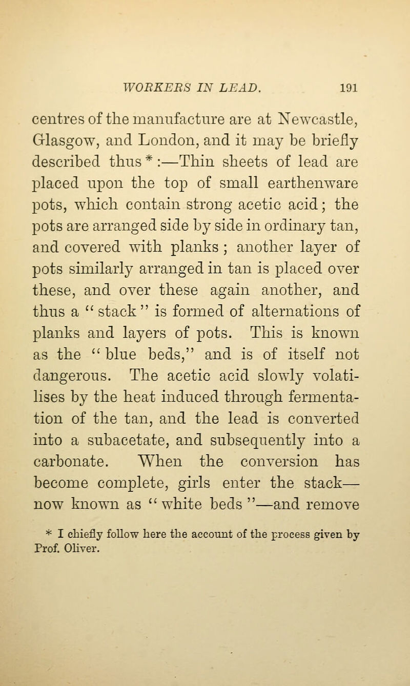 centres of the manufacture are at Newcastle, Glasgow, and London, and it may be briefly described thus * :—Thin sheets of lead are placed upon the top of small earthenware pots, which contain strong acetic acid; the pots are arranged side by side in ordinary tan, and covered with planks ; another layer of pots similarly arranged in tan is placed over these, and over these again another, and thus a '' stack  is formed of alternations of planks and layers of pots. This is known as the '' blue beds, and is of itself not dangerous. The acetic acid slowly volati- lises by the heat induced through fermenta- tion of the tan, and the lead is converted into a subacetate, and subsequently into a carbonate. When the conversion has become complete, girls enter the stack— now known as  white beds —and remove * I chiefly follow here the account of the process given by Prof. OUver.