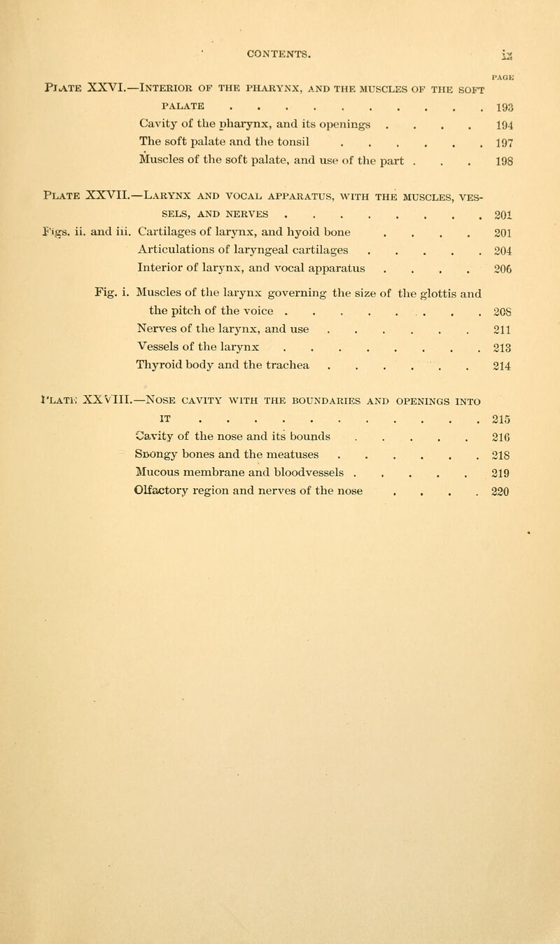 PAGE PiATE XXVI.—Interior of the pharynx, and the muscles of the soft PALATE 193 Cavity of the pharynx, and its openings .... 194 The soft palate and the tonsil 197 Muscles of the soft palate, and use of tlie part . . . 198 Plate XXVII.—Larynx and vocal apparatus, with the muscles, ves- sels, AND NERVES 201 I'igs. ii. and iii. Cartilages of larynx, and hyoid bone .... 201 Articulations of laryngeal cartilages 204 Interior of larynx, and vocal apparatus .... 206 Fig. i. Muscles of the larynx governing the size of the glottis and the pitch of the voice 208 Nerves of the larynx, and use 211 Vessels of the larynx 213 Thyroid body and the trachea . . . . . . 214 t'LATi; XXVIII.—Nose cavity with the boundaries and openings into IT 215 Cavity of the nose and its bounds 216 S»ongy bones and the meatuses 218 Mucous membrane and bloodvessels 219 Olfactory region and nerves of the nose .... 220