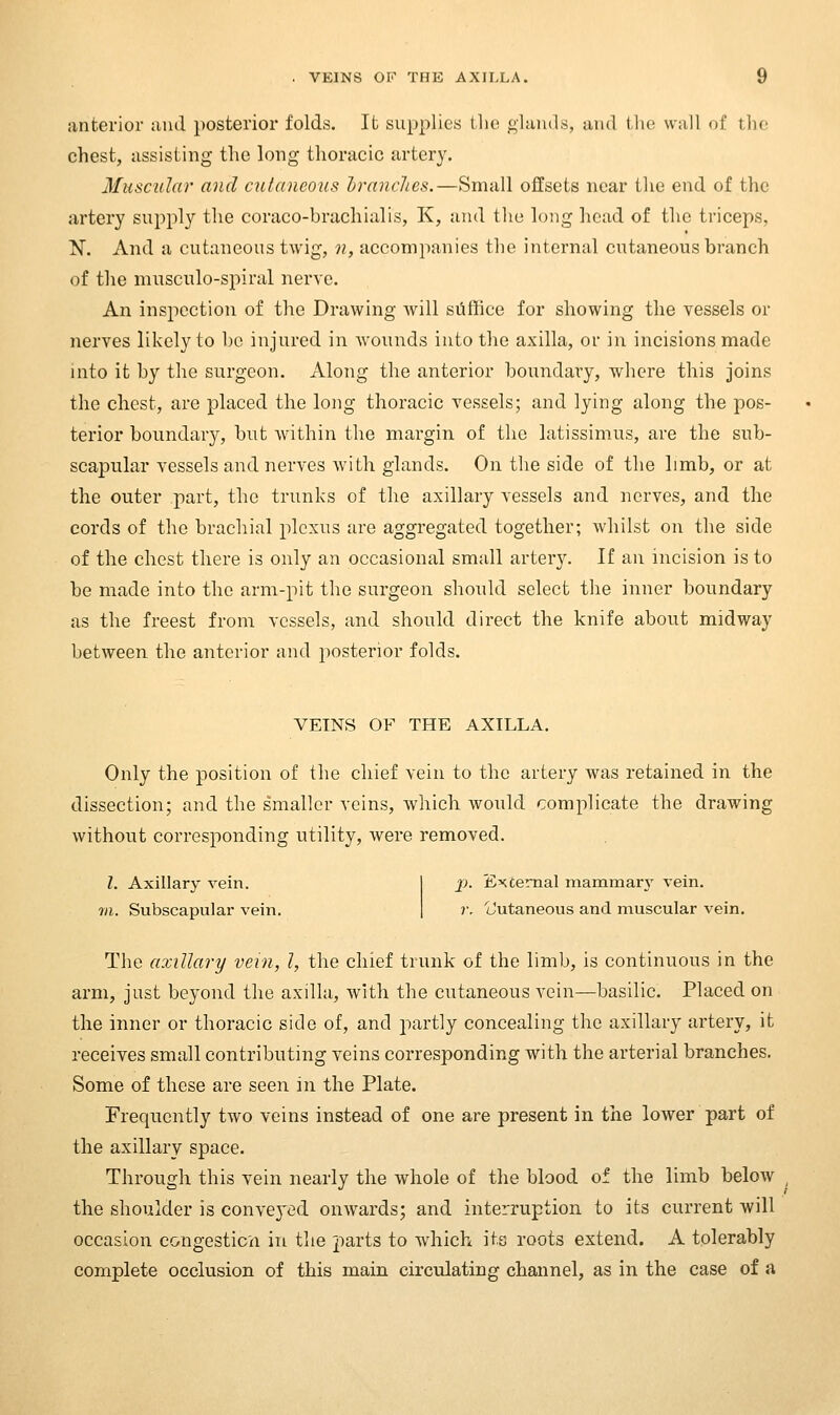 anterior and posterior folds. It supplies the glands, and the wall of the chest, assisting tlic long thoracic artery. Muscular and cuUtncous Irnnches.—Small offsets near the end of the artery supply the coraco-brachialis, K, and the long head of the triceps, N. And a cutaneous tAvig, n, accompanies the internal cutaneous branch of the musculo-spiral nerve. An inspection of the Drawing will suffice for showing the vessels or nerves likely to be injured in Avounds into the axilla, or in incisions made into it by the surgeon. Along the anterior boundaiy, where this joins the chest, are placed the long thoracic vessels; and lying along the pos- terior boundary, but within the margin of the latissimus, are the sub- scapular vessels and nerves Avith glands. On the side of the limb, or at the outer part, the trunks of the axillary vessels and nerves, and the cords of the brachial plexus are aggregated together; whilst on the side of the chest there is only an occasional small artery. If an incision is to be made into the arm-pit the surgeon should select the inner boundary as the freest from vessels, and should direct the knife about midway between the anterior and posterior folds. VEINS OF THE AXILLA. Only the position of the chief vein to the artery was retained in the dissection; and the smaller veins, which would complicate the drawing without corresponding utility, were removed. I. Axillary vein. tn. Subscapular vein. p. External niammarj' vein. r. Dutaneous and muscular vein. The axillary vein, I, the chief trunk of the limb, is continuous in the arm, just beyond the axilla, with the cutaneous vein—basilic. Placed on the inner or thoracic side of, and jiartly concealing the axillary artery, it receives small contributing veins corresponding with the arterial branches. Some of these are seen in the Plate. Frequently two veins instead of one are present in tiie lower part of the axillary space. Through this vein nearly the whole of the blood of the limb below , the shoulder is conveyed onwards; and interruption to its current will occasion congesticri in the parts to which its roots extend. A tolerably complete occlusion of this main circvdating channel, as in the case of a