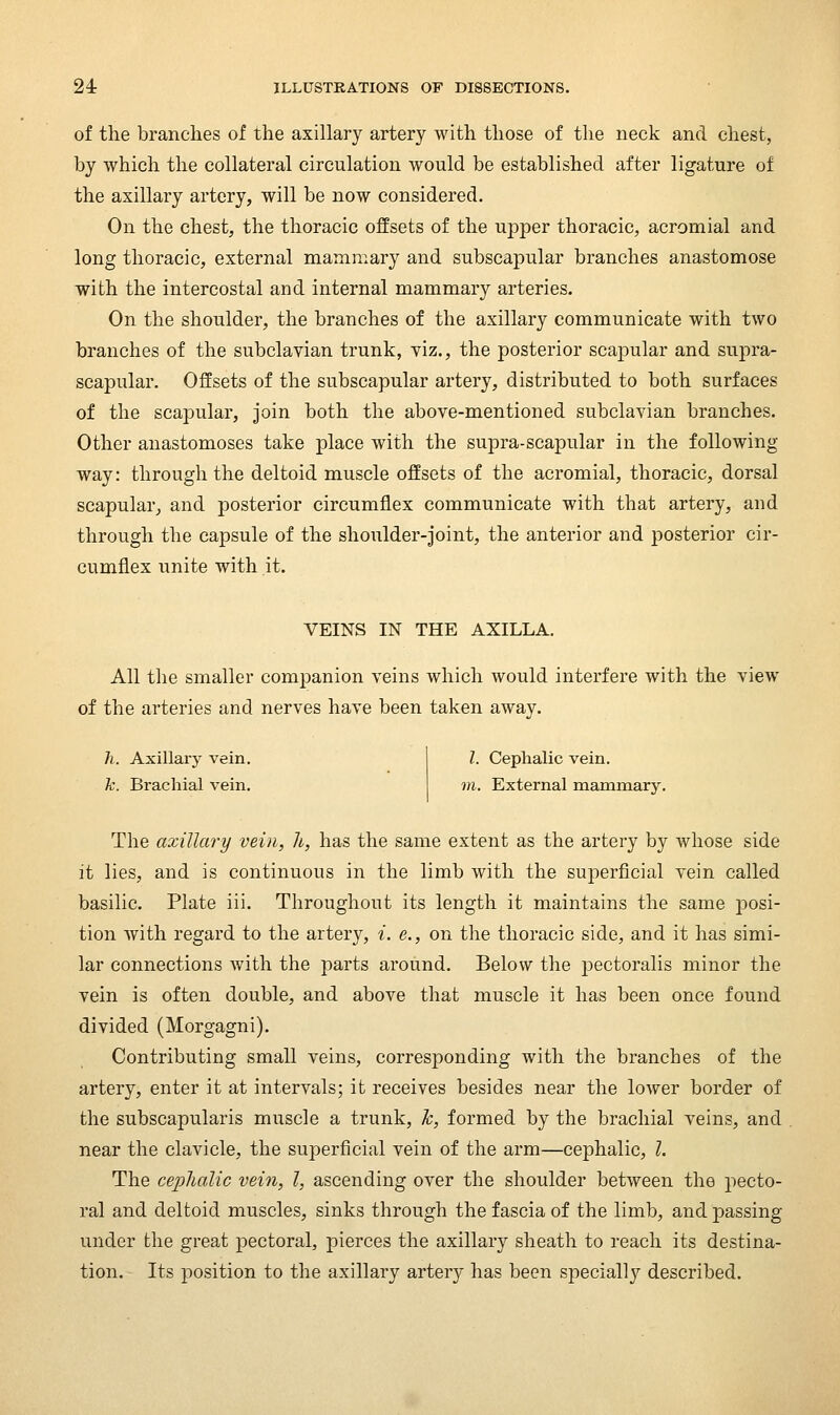 of the branches of the axillary artery with those of the neck and chest, by which the collateral circulation would be established after ligature of the axillary artery, will be now considered. On the chest, the thoracic offsets of the upper thoracic, acromial and long thoracic, external mammary and subscapular branches anastomose with the intercostal and internal mammary arteries. On the shoulder, the branches of the axillary communicate with two branches of the subclavian trunk, viz., the posterior scapular and supra- scapular. Offsets of the subscapular artery, distributed to both surfaces of the scapular, join both the above-mentioned subclavian branches. Other anastomoses take place with the supra-scapular in the following way: through the deltoid muscle offsets of the acromial, thoracic, dorsal scapular, and posterior circumflex communicate with that artery, and through the capsule of the shoulder-joint, the anterior and posterior cir- cumflex unite with it. VEINS IN THE AXILLA. All the smaller companion veins which would interfere with the view of the arteries and nerves have been taken away. h. Axillaiy vein. k. Brachial vein. I. Cephalic vein. m. External mammary. The axillary vein, h, has the same extent as the artery by whose side it lies, and is continuous in the limb with the superficial vein called basilic. Plate iii. Throughout its length it maintains the same posi- tion Avith regard to the artery, i. e., on the thoracic side, and it has simi- lar connections with the parts around. Below the pectoralis minor the vein is often double, and above that muscle it has been once found divided (Morgagni). Contributing small veins, corresponding with the branches of the artery, enter it at intervals; it receives besides near the lower border of the subscapularis muscle a trunk, k, formed by the brachial veins, and near the clavicle, the superficial vein of the arm—cephalic, I. The cephalic vein, I, ascending over the shoulder between the pecto- ral and deltoid muscles, sinks through the fascia of the limb, and passing under the great pectoral, pierces the axillary sheath to reach its destina- tion. Its position to the axillary artery has been specially described.