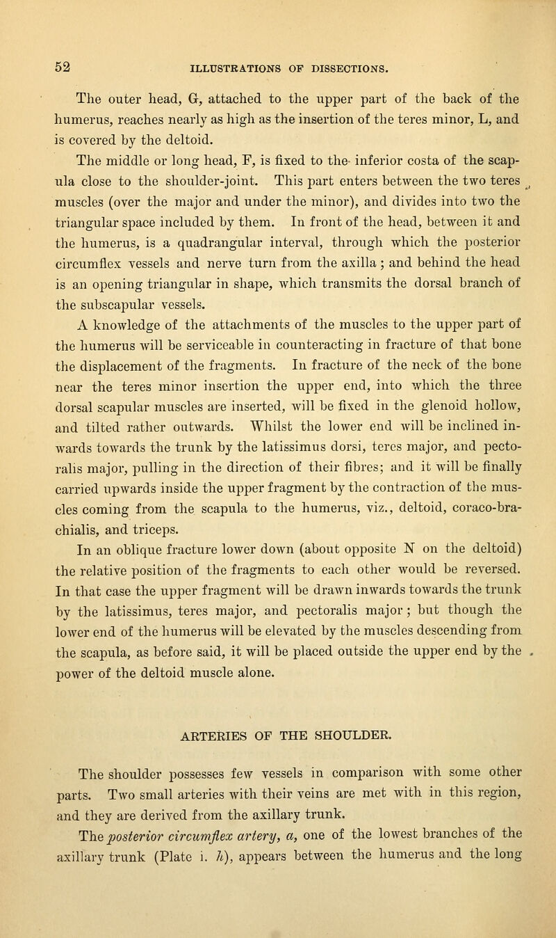 The outer head, G, attached to the upper part of the back of the humerus, reaches nearly as high as the insertion of the teres minor, L, and is covered by the deltoid. The middle or long head, F, is fixed to the- inferior costa of the scap- ula close to the shoulder-joint. This part enters between the two teres muscles (over the major and under the minor), and divides into two the triangular space included by them. In front of the head, between it and the humerus, is a quadrangular interval, through which the posterior circumflex vessels and nerve turn from the axilla; and behind the head is an opening triangular in shape, which transmits the dorsal branch of the subscapular vessels. A knowledge of the attachments of the muscles to the upper part of the humerus will be serviceable in counteracting in fracture of that bone the displacement of the fragments. In fracture of the neck of the bone near the teres minor insertion the upper end, into which the three dorsal scapular muscles are inserted, will be fixed in the glenoid hollow, and tilted rather outwards. Whilst the lower end will be inclined in- wards towards the trunk by the latissimus dorsi, teres major, and pecto- ralis major, pulling in the direction of their fibres; and it will be finally carried upwards inside the upper fragment by the contraction of the mus- cles coming from the scapula to the humerus, viz., deltoid, coraco-bra- chialis, and triceps. In an oblique fracture lower down (about opposite N on the deltoid) the relative position of the fragments to each other would be reversed. In that case the upper fragment will be drawn inwards towards the trunk by the latissimus, teres major, and pectoralis major; but though the lower end of the humerus will be elevated by the muscles descending from the scapula, as before said, it will be placed outside the upper end by the power of the deltoid muscle alone. ARTERIES OF THE SHOULDER. The shoulder possesses few vessels in comparison with some other parts. Two small arteries with their veins are met with in this region, and they are derived from the axillary trunk. The posterior circumflex artery, a, one of the lowest branches of the axillary trunk (Plate i. h), appears between the humerus and the long