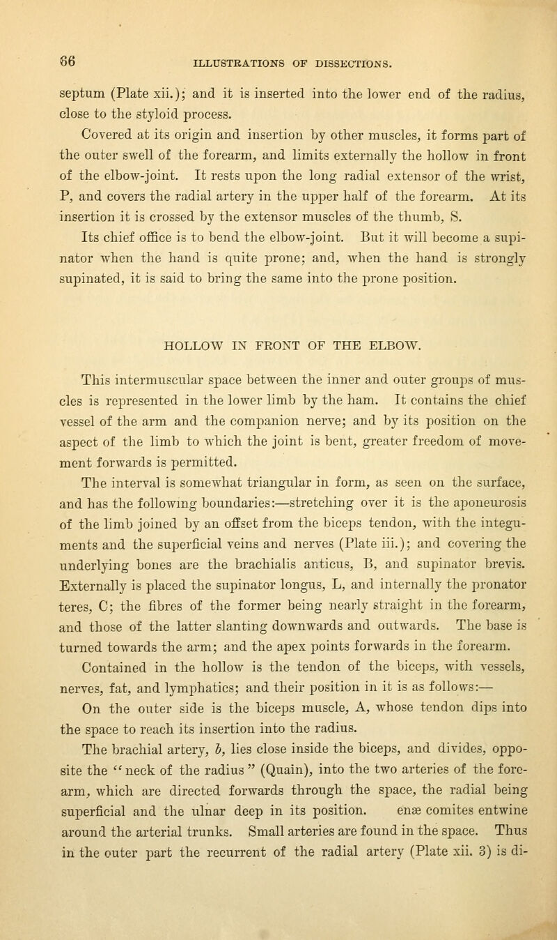 septum (Plate xii.); and it is inserted into the lower end of the radius, close to the styloid process. Covered at its origin and insertion by other muscles, it forms part of the outer swell of the forearm, and limits externally the hollow in front of the elbow-joint. It rests upon the long radial extensor of the wrist, P, and covers the radial artery in the upper half of the forearm. At its insertion it is crossed by the extensor muscles of the thumb, S. Its chief office is to bend the elbow-joint. But it will become a supi- nator when the hand is quite prone; and, Avhen the hand is strongly supinated, it is said to bring the same into the prone position. HOLLOW IX FRONT OF THE ELBOW. This intermuscular space between the inner and outer groups of mus- cles is represented in the lower limb by the ham. It contains the chief vessel of the arm and the companion nerve; and by its position on the aspect of the limb to which the joint is bent, greater freedom of move- ment forwards is permitted. The interval is somewhat triangular in form, as seen on the surface, and has the following boundaries:—stretching over it is the aponeurosis of the limb joined by an offset from the biceps tendon, with the integu- ments and the superficial veins and nerves (Plate iii.); and covering the underlying bones are the brachialis anticus, B, and supinator brevis. Externally is placed the supinator longus, L, and internally the pronator teres, C; the fibres of the former being nearly straight in the forearm, and those of the latter slanting downw\ards and outwards. The base is turned towards the arm; and the apex points forwards in the forearm. Contained in the hollow is the tendon of the biceps, with vessels, nerves, fat, and lymphatics; and their position in it is as follows:— On the outer side is the biceps muscle. A, whose tendon dips into the space to reach its insertion into the radius. The brachial artery, I, lies close inside the biceps, and divides, oppo- site the ''neck of the radius  (Quain), into the two arteries of the fore- arm, which are directed forwards through the space, the radial being superficial and the ulnar deep in its position. ense comites entwine around the arterial trunks. Small arteries are found in the space. Thus in the outer part the recurrent of the radial artery (Plate xii. 3) is di-
