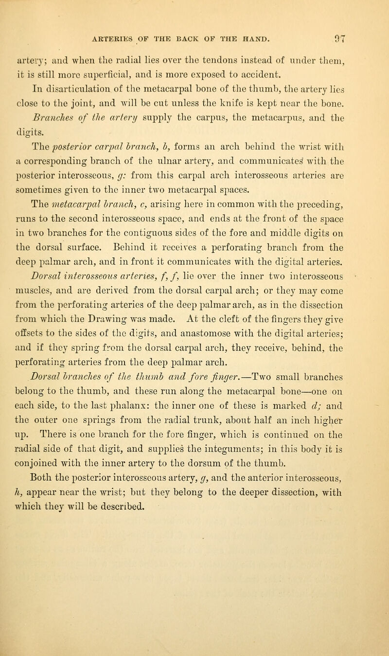 artery; and when the radial lies over the tendons instead of under them, it is still more superficial, and is more exposed to accident. In disarticulation of the metacarpal bone of the thumb, the artery lies close to the joint, and will be cut unless the knife is kept near the bone. Branches of the artery supply the carpus, the metacarpus, and the digits. The posterior carpal branch, h, forms an arch behind the wrist with a corresponding branch of the ulnar artery, and communicated with the posterior interosseous, g: from this carpal arch interosseous arteries are sometimes given to the inner two metacarpal spaces. The metacarpal branch, c, arising here in common with the ]3receding, runs to the second interosseous space, and ends at the front of the space in two branches for the contiguous sides of the fore and middle digits on the dorsal surface. Behind it receives a perforating branch from the deep palmar arch, and in front it communicates with the digital arteries. Dorsal interosseous arteries, f, f, lie over the inner two interosseous muscles, and are derived from the dorsal carpal arch; or they may come from the perforating arteries of the deep palmar arch, as in the dissection from which the Drawing was made. At the cleft of the fingers they give offsets to the sides of the digits, and anastomose with the digital arteries; and if they spring from the dorsal carpal arch, they receive, behind, the perforating arteries from the deejD palmar arch. Dorsal branches of the thumb and fore finger.—Two small branches belong to the thumb, and these run along the metacarpal bone—one on each side, to the last phalanx: the inner one of these is marked d; and the outer one springs from the radial trunk, abont half an inch higher up. There is one branch for the fore finger, which is continued on the radial side of that digit, and supplies the integuments; in this body it is conjoined with the inner artery to the dorsum of the thumb. Both the posterior interosseous artery, g, and the anterior interosseous, h, appear near the wrist; but they belong to the deeper dissection, with which they will be described.