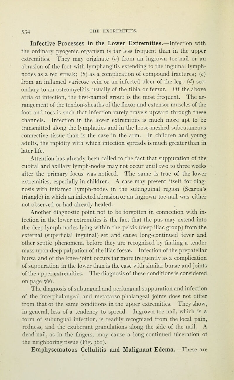 Infective Processes in the Lower Extremities.—Infection with the ordinar}' pyogenic organism is far less frequent than in the upper extremities. They may originate (a) from an ingrown toe-nail or an abrasion of the foot -^-ith lymphangitis extending to the inguinal lymph- nodes as a red streak; (&) as a comphcation of compound fractures; (c) from an inflamed varicose vein or an infected ulcer of the leg; {d) sec- ondare' to an osteomyehtis, usuaUy of the tibia or femur. Of the above atria of infection, the first-named group is the most frequent. The ar- rancrement of the tendon-sheaths of the flexor and extensor muscles of the o foot and toes is such that infection rarely travels upward through these channels. Infection in the lower extremities is much more apt to be transmitted along the lymphatics and in the loose-meshed subcutaneous connective tissue than is the case in the arm. In children and young adults, the rapidity with which infection spreads is much greater than in later hfe. Attention has already been called to the fact that suppuration of the cubital and axiUar}^ lymph-nodes may not occur until two to three weeks after the primary focus was noticed. The same is true of the lower extremities, especially in children. A case may present itself for diag- nosis with inflamed lymph-nodes in the subinguinal region (Scarpa's triangle) in which an infected abrasion or an ingroeem toe-nail was either not observed or had already healed. Another diagnostic point not to be forgotten in connection with in- fection in the lower extremities is the fact that the pus may extend into the deep lymph-nodes lying within the pelvis (deep ihac group) from the external (superficial inguinal) set and cause long-continued fever and other septic phenomena before they are recognized by finding a tender mass upon deep palpation of the iliac fossae. Infection of the prepatellar bursa and of the knee-joint occurs far more frequently as a comphcation of suppuration in the lower than is the case with similar bursas and joints of the upper extremities. The diagnosis of these conditions is considered on page 566. The diagnosis of subungual and periungual suppuration and infection of the interphalangeal and metatarso-phalangeal joints does not dift'er from that of the same conditions in the upper extremities. They show, in general, less of a tendency to spread. Ingrown toe-nail, which is a form of subungual infection, is readily recognized from the local pain, redness, and the exuberant granulations along the side of the nail. A dead nail, as in the fingers, may cause a long-continued ulceration of the neighboring tissue (Fig. 361). Emphysematous Cellulitis and Malignant Edema.—These are
