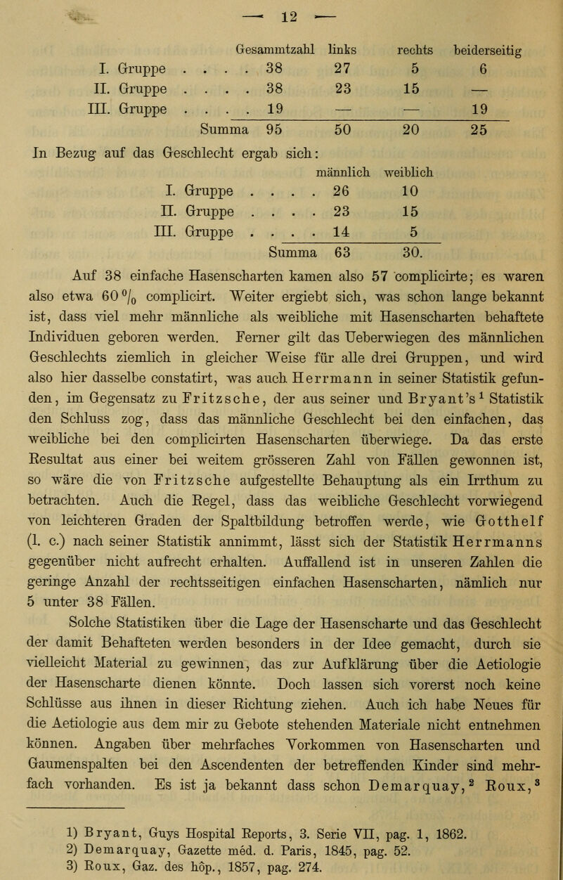 — 12 — Gesamintzahl links rechts beiderseitig I. Gruppe .... 38 27 5 6 II. Gruppe .... 38 23 15 — III. Gruppe .... 19 — — 19 Summa 95 50 20 25 In Bezug auf das Geschlecht ergab sich: männlich weiblich I. Gruppe .... 26 10 IL Gruppe .... 23 15 III. Gruppe .... 14 5 Summa 63 30. Auf 38 einfache Hasenscharten kamen also 57 complicirte; es waren also etwa 60°/0 complicirt. Weiter ergiebt sich, was schon lange bekannt ist, dass viel mehr männliche als weibliche mit Hasenscharten behaftete Individuen geboren werden. Ferner gilt das Ueberwiegen des männlichen Geschlechts ziemlich in gleicher Weise für alle drei Gruppen, und wird also hier dasselbe constatirt, was auch Herrmann in seiner Statistik gefun- den, im Gegensatz zuFritzsche, der aus seiner und Bryant's1 Statistik den Schluss zog, dass das männliche Geschlecht bei den einfachen, das weibliche bei den complicirten Hasenscharten überwiege. Da das erste Resultat aus einer bei weitem grösseren Zahl von Fällen gewonnen ist, so wäre die von Fritzsche aufgestellte Behauptung als ein Irrthum zu betrachten. Auch die Regel, dass das weibliche Geschlecht vorwiegend von leichteren Graden der Spaltbildung betroffen werde, wie Gotthelf (1. c.) nach seiner Statistik annimmt, lässt sich der Statistik Herrmanns gegenüber nicht aufrecht erhalten. Auffallend ist in unseren Zahlen die geringe Anzahl der rechtsseitigen einfachen Hasenscharten, nämlich nur 5 unter 38 Fällen. Solche Statistiken über die Lage der Hasenscharte und das Geschlecht der damit Behafteten werden besonders in der Idee gemacht, durch sie vielleicht Material zu gewinnen, das zur Aufklärung über die Aetiologie der Hasenscharte dienen könnte. Doch lassen sich vorerst noch keine Schlüsse aus ihnen in dieser Richtung ziehen. Auch ich habe Neues für die Aetiologie aus dem mir zu Gebote stehenden Materiale nicht entnehmen können. Angaben über mehrfaches Yorkommen von Hasenscharten und Gaumenspalten bei den Ascendenten der betreffenden Kinder sind mehr- fach vorhanden. Es ist ja bekannt dass schon Demarquay,2 Roux,3 1) Bryant, Guys Hospital Eeports, 3. Serie VII, pag. 1, 1862. 2) Demarquay, Gazette med. d. Paris, 1845, pag. 52.