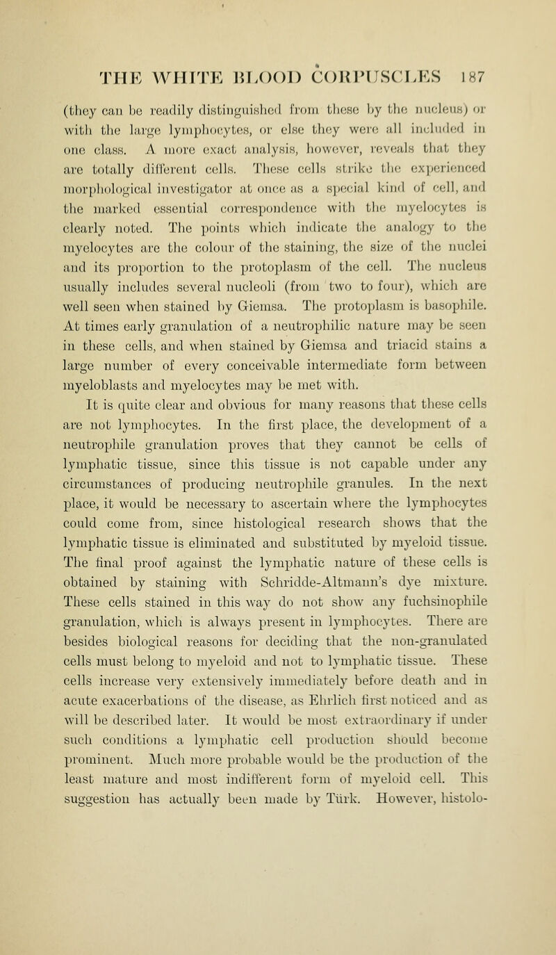 (they can be readily distinguiHlied i'rom tliese by the iincleuH) or with the lai'<4'e lymphocytes, or else they were all included in one elass. A more exact analysis, howcjver, reveals tliat tljey are totally different cells. These cells stiike the experienced morphological investigator at once as a s])(!c,i;il kind of cell, and the marked essential correspondence with tlio myelocytes is clearly noted. The points which indicate the analogy to the myelocytes are the colour of the staining, the size of the nuclei and its proportion to the protoplasm of the cell. The nucleus usually includes several nucleoli (from two to four), which are well seen when stained by Giemsa. The protoplasm is basophile. At times early granulation of a neutrophilic nature may be seen in these cells, and when stained by Giemsa and triacid stains a large number of every conceivable intermediate form between myeloblasts and myelocytes may be met with. It is quite clear and obvious for many reasons that these cells are not lymphocytes. In the first place, the development of a neutrophile granulation proves that they cannot be cells of lymphatic tissue, since this tissue is not capable under any circumstances of producing neutrophile granules. In the next place, it would be necessary to ascertain where the lymphocytes could come from, since histological research shows that the lymphatic tissue is eliminated and substituted by myeloid tissue. The final proof against the lymphatic nature of these cells is obtained by staining with Schridde-Altmann's dye mixture. These cells stained in this way do not show any fuchsinophile granulation, which is always present in lymphocytes. There are besides biological reasons for deciding that the non-granulated cells must belong to myeloid and not to lymphatic tissue. These cells increase very extensively immediately before death and in acute exacerbations of the disease, as Ehrlich first noticed and as will be described later. It would be most extraordinary if under such conditions a lymphatic cell production should become prominent. Much more probable would be the production of the least mature and most indiiierent form of myeloid cell. This suggestion has actually been made by Turk. However, histolo-