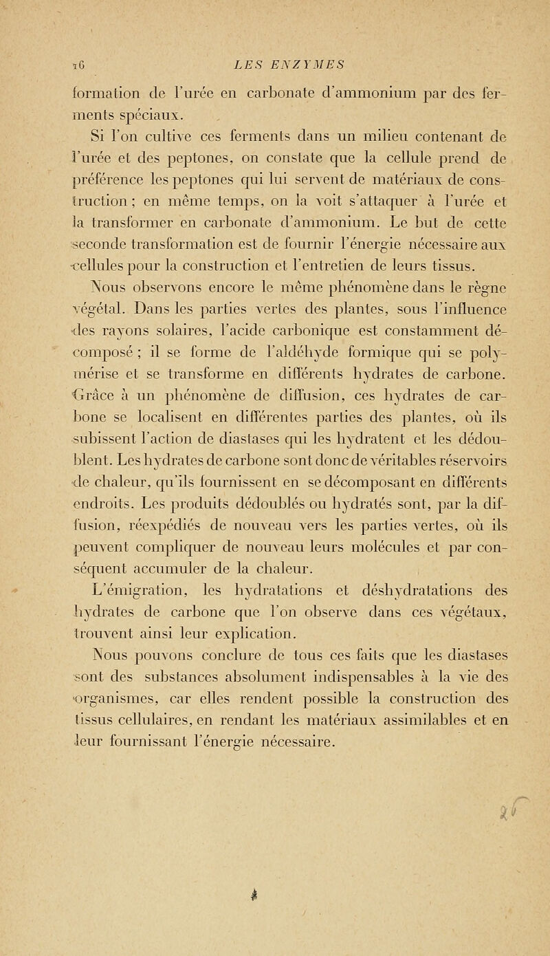 formation de l'urée en carlDonate d'ammonium par des fer- ments spéciaux. Si l'on cultive ces ferments dans un milieu contenant de l'urée et des peptones, on constate que la cellule prend de préférence les peptones qui lui servent de matériaux de cons- truction ; en même temps, on la voit s'attaquer à l'urée et la transformer en carbonate d'ammonium. Le but de cette seconde transformation est de fournir l'énergie nécessaire aux •cellules pour la construction et l'entretien de leurs tissus. Nous observons encore le même phénomène dans le règne végétal. Dans les parties vertes des plantes, sous l'influence des rayons solaires, l'acide carbonique est constamment dé- composé ; il se forme de l'aldéhyde formique qui se poly- mérise et se transforme en différents hydrates de carbone. ■Grâce à un phénomène de diffusion, ces hydrates de car- bone se localisent en différentes parties des plantes, où ils subissent l'action de diastases qui les hydratent et les dédou- blent. Les hydrates de carbone sont donc de véritables réservoirs ■de chaleur, qu'ils fournissent en se décomposant en différents endroits. Les produits dédoublés ou hydratés sont, par la dif- fusion, réexpédiés de nouveau vers les parties vertes, où ils peuvent compliquer de nouveau leurs molécules et par con- séquent accumuler de la chaleur. L'émigration, les hydratations et déshydratations des hydrates de carbone que l'on observe dans ces végétaux, trouvent ainsi leur explication. Nous pouvons conclure de tous ces faits que les diastases sont des substances absolument indispensables à la vie des ■organismes, car elles rendent possible la construction des tissus cellulaires, en rendant les matériaux assimilables et en leur fournissant l'énero-ie nécessaire. ^^