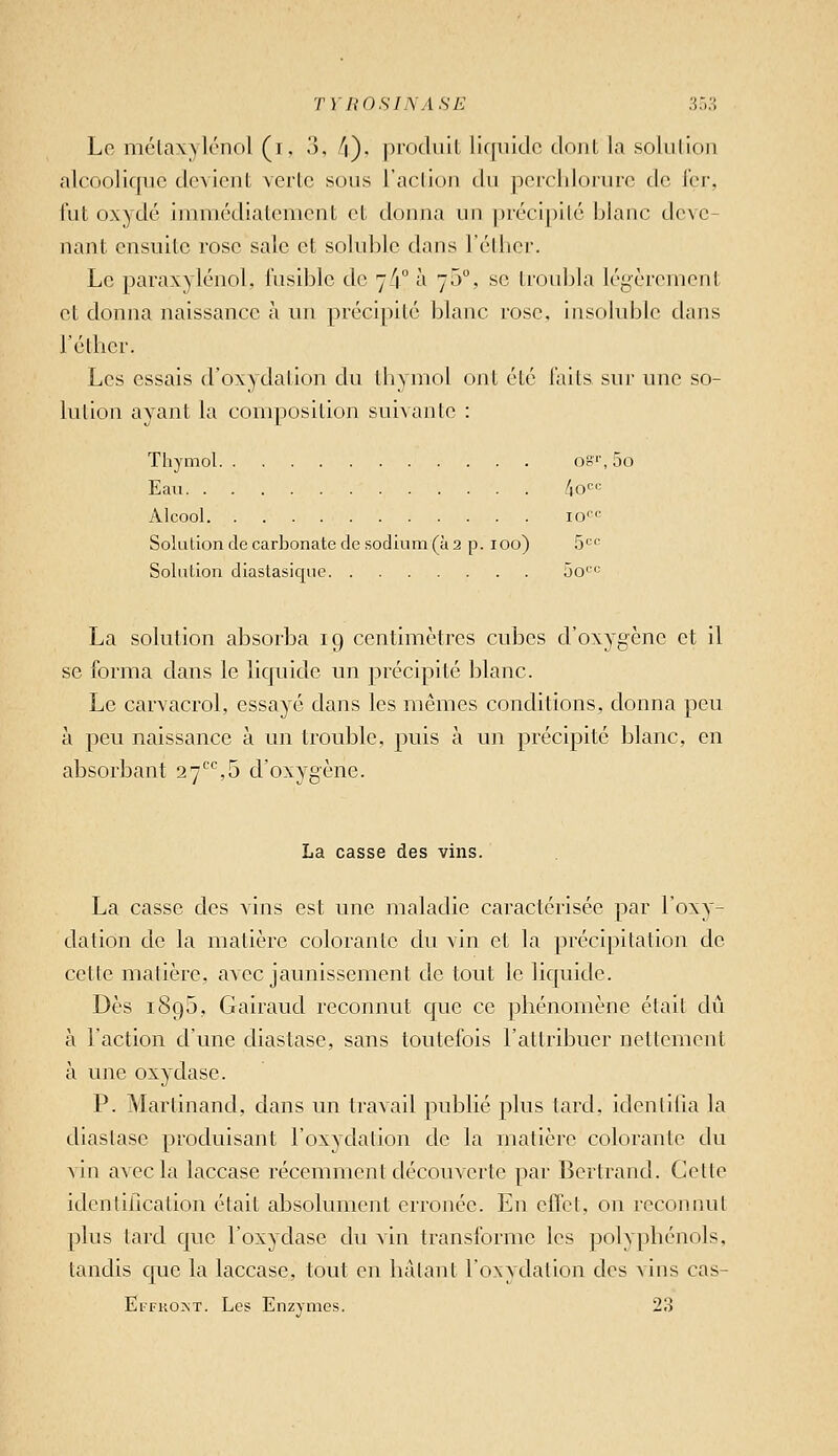 TVnOSINASE 3r),H Le mélaxylénol (i. 3. /j), prodiiil ]if[iiidc dont la soliilioii alcoolique devieiiL verle sous l'aclioii du pcrclilorure de fer, fut oxydé immédiatement et donna un précipité blanc deve- nant ensuite rose sale et soluble dans l'éther. Le paraxylénol, fusible de 74° à ~ô°, se troubla légèrement et donna naissance à un précipité blanc rose, insoluble dans l'éther. Les essais d'oxydation du thymol ont été faits sur une so- lution ayant la composition suivante : Thymol 08'', 5o Eau 4ot^ Alcool lo'f SokiLion de carbonate de sodium (à 3 p. 100) 5''' SoliiLion diastasique ôo''^ La solution absorba 19 centimètres cubes d'oxygène et il se forma dans le liquide un précipité blanc. Le carvacrol, essayé dans les mêmes conditions, donna peu à peu naissance à un trouble, puis à un précipité blanc, en absorbant 27^,5 d'oxygène. La casse des vins. La casse des vins est une maladie caractérisée par l'oxy- dation de la matière colorante du vin et la précipitation de cette matière, avec jaunissement de tout le liquide. Dès 1895, Gairaud reconnut que ce phénomène était dû à l'action d'une diastase, sans toutefois l'attribuer nettement à une oxydase. P. Martinand, dans un travail publié plus tard, idcnlilia la dlaslase produisant l'oxydation de la matière colorante du vin avec la laccase récemment découverte par Bertrand. Cette identification était absolument erronée. En effet, on reconnut plus lard que l'oxyclase du vin transforme les polyphénols, tandis que la laccase, tout en hàlant Toxydalion des vins cas- Eifko>;t. Les Enzymes. 23