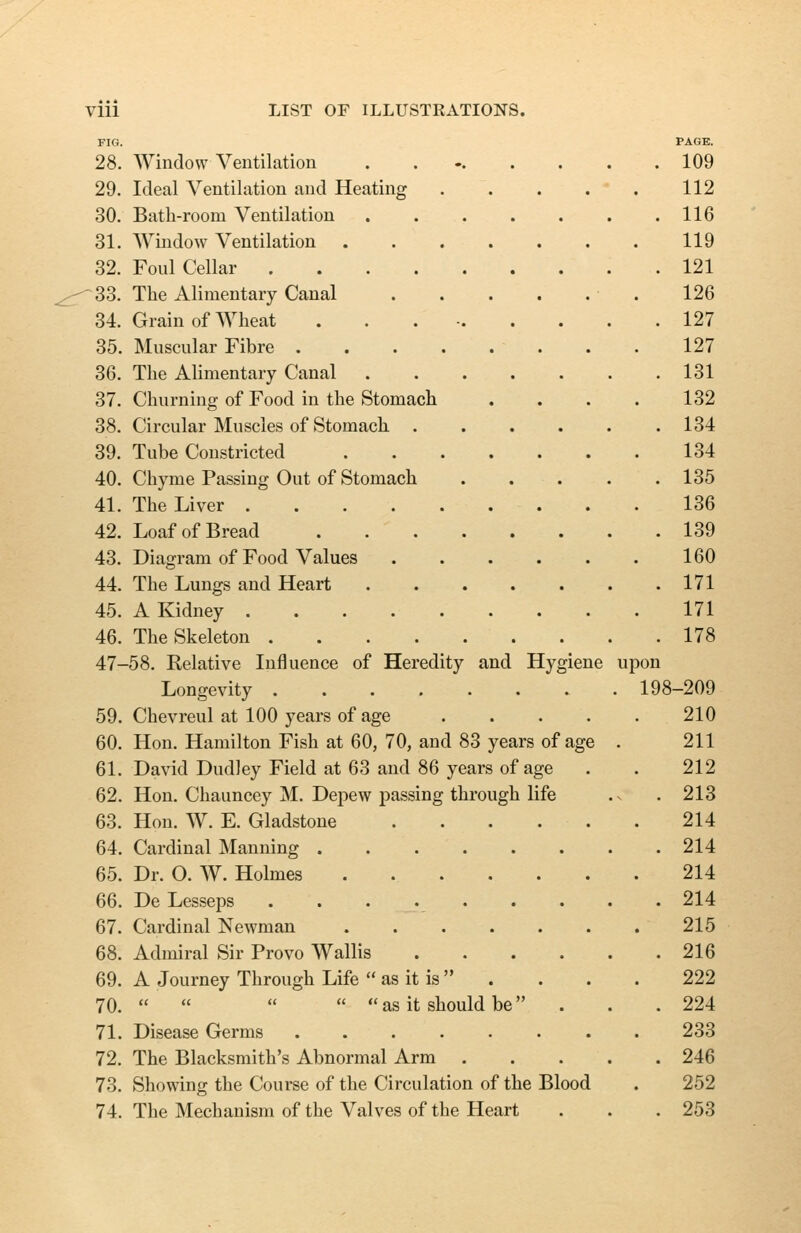 28. Window Ventilation 29. Ideal Ventilation and Heating 30. Bath-room Ventilation 31. Window Ventilation 32. Foul Cellar .... 33. The Alimentary Canal 34. Grain of Wheat 35. Muscular Fibre . 36. The Alimentary Canal 37. Churning of Food in the Stomach 38. Circular Muscles of Stomach . 39. Tube Constricted 40. Chyme Passing Out of Stomach 41. The Liver 42. Loaf of Bread 43. Diagram of Food Values 44. The Lungs and Heart 45. A Kidney . 46. The Skeleton .... 47-58. Relative Influence of Heredity and Hygiene Longevity ....... 59. Chevreul at 100 years of age 60. Hon. Hamilton Fish at 60, 70, and 83 years of age 61. David Dudley Field at 63 and 86 years of age 62. Hon. Chauncey M. Depew passing through life 63. Hon. W. E. Gladstone 64. Cardinal Manning 65. Dr. O. W. Holmes .... 66. De Lesseps ...... 67. Cardinal Newman .... 68. Admiral Sir Provo Wallis 69. A Journey Through Life  as it is  70.     as it should be 71. Disease Germs 72. The Blacksmith's Abnormal Arm . 73. Showing the Course of the Circulation of the Blood 74. The Mechanism of the Valves of the Heart 109 112 116 119 121 126 127 127 131 132 134 134 135 136 139 160 171 171 178 upon . 198-209 210 211 212 213 214 214 214 214 215 216 222 224 233 246 252 253