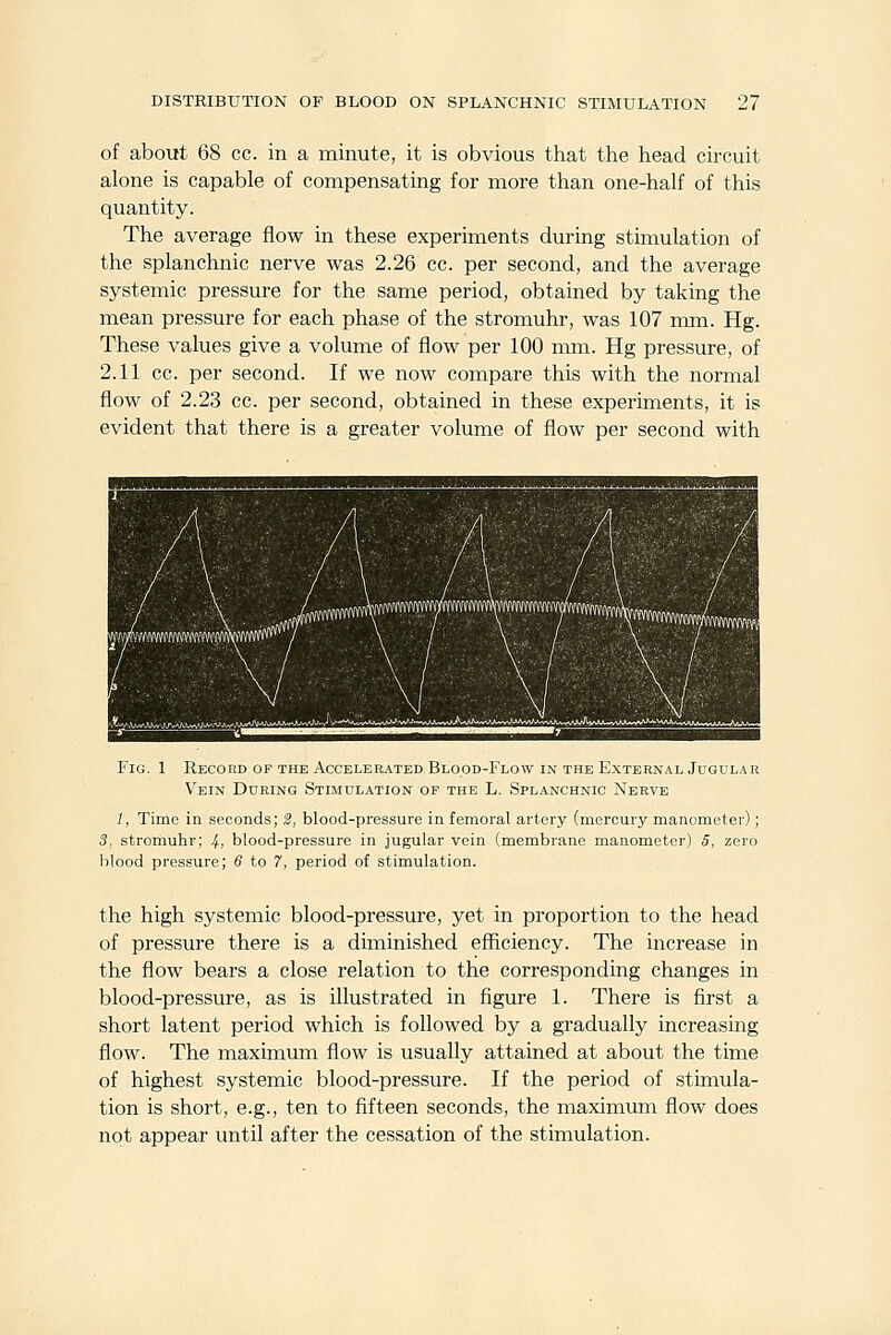of about 68 cc. in a minute, it is obvious that the head circuit alone is capable of compensating for more than one-half of this quantity. The average flow in these experiments during stimulation of the splanchnic nerve was 2.26 cc. per second, and the average systemic pressure for the same period, obtained by taking the mean pressure for each phase of the stromuhr, was 107 mm. Hg. These values give a volume of flow per 100 mm. Hg pressure, of 2.11 cc. per second. If we now compare this with the normal flow of 2.23 cc. per second, obtained in these experiments, it is evident that there is a greater volume of flow per second with Fig. 1 Record OF THE AccelerjVted Blood-Flow IN THE External Jugular Vein During Stimulation of the L. Splanchnic Nerve 1, Time in seconds; 3, blood-pressure in femoral artery (mercury manometer); 3, stromuhr; 4, blood-pressure in jugular vein (membrane manometer) 5, zero blood pressure; 8 to 7, period of stimulation. the high systemic blood-pressure, yet in proportion to the head of pressure there is a diminished efficiency. The increase in the flow bears a close relation to the corresponding changes in blood-pressure, as is illustrated in figure 1. There is first a short latent period which is followed by a gradually increasing flow. The maximum flow is usually attained at about the time of highest systemic blood-pressure. If the period of stimula- tion is short, e.g., ten to fifteen seconds, the maximum flow does not appear until after the cessation of the stimulation.