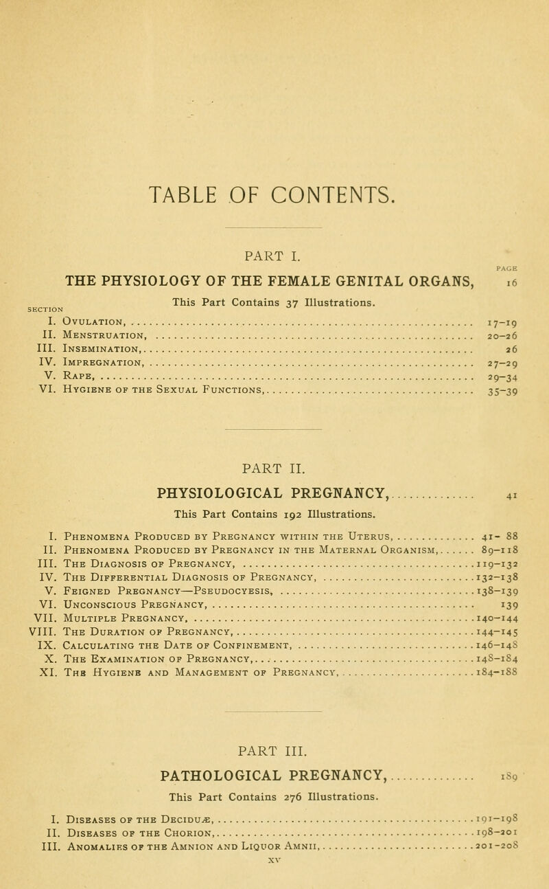 TABLE OF CONTENTS. PART I. PAGE THE PHYSIOLOGY OF THE FEMALE GENITAL ORGANS, i6 This Part Contains 37 Illustrations. SECTION I. Ovulation, 17-19 II. Menstruation, 20-26 III. Insemination, 26 IV. Impregnation, . 27-29 V. Rape, 29-34 VI. Hygiene of the Sexual Functions, 35-39 PART IL PHYSIOLOGICAL PREGNANCY, 41 This Part Contains 192 Illustrations. I. Phenomena Produced by Pregnancy within the Uterus 41- 88 II. Phenomena Produced by Pregnancy in the Maternal Organism, 89-118 III. The Diagnosis of Pregnancy 119-132 IV. The Differential Diagnosis of Pregnancy, 132-138 V. Feigned Pregnancy—Pseudocyesis, 138-139 VI. Unconscious Pregnancy 139 VII. Multiple Pregnancy 140-144 VIII. The Duration op Pregnancy 144-145 IX. Calculating the Date of Confinement 146-14S X. The Examination of Pregnancy, 14S-184 XL The Hygiene and Management of Pregnancy, 184-188 PART III. PATHOLOGICAL PREGNANCY, 1S9 This Part Contains 276 Illustrations. I. Diseases of the Decidu^, 101-198 II. Diseases of the Chorion, 198-201 III. Anomalies of the Amnion and Liquor Amnii, 201 -208