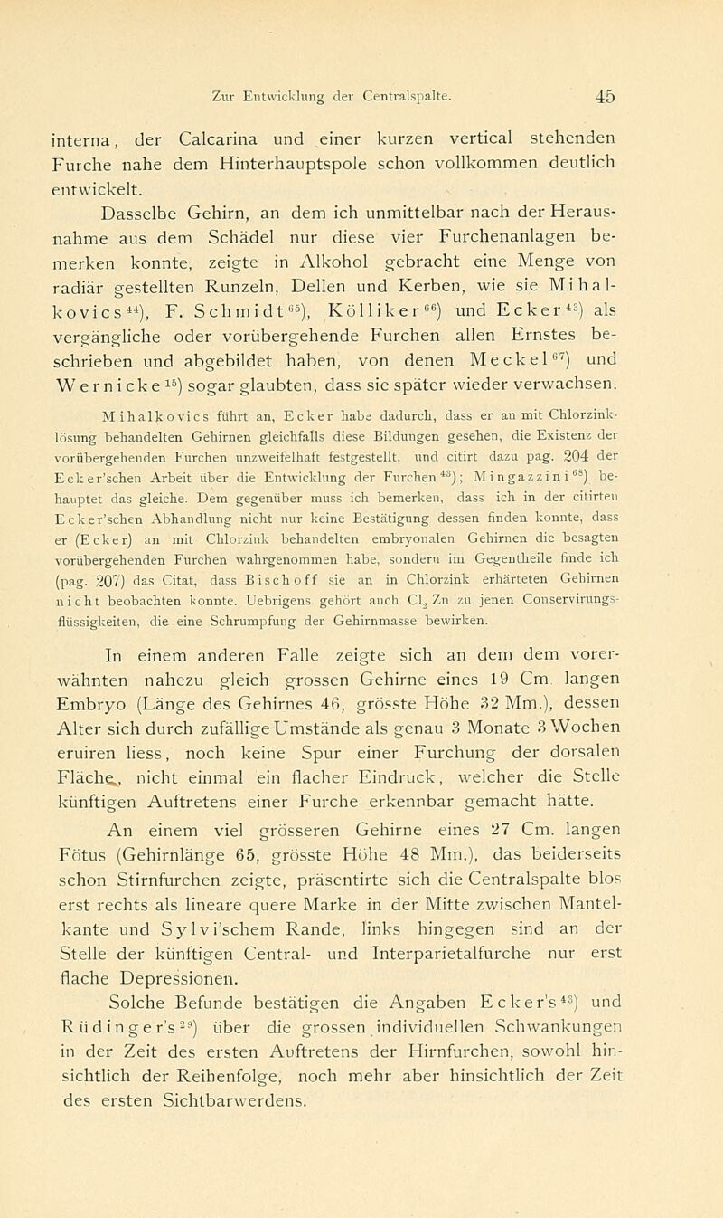 interna, der Calcarina und einer kurzen vertical stehenden Furche nahe dem Hinterhauptspole schon vollkommen deutlich entwickelt. Dasselbe Gehirn, an dem ich unmittelbar nach der Heraus- nahme aus dem Schädel nur diese vier Furchenanlagen be- merken konnte, zeigte in Alkohol gebracht eine Menge von radiär gestellten Runzeln, Dellen und Kerben, wie sie Mihal- kovics), F. Schmidt115), Köllikerlifi) und Ecker«) als vergängliche oder vorübergehende Furchen allen Ernstes be- schrieben und abgebildet haben, von denen Meckel) und Wernicke 16) sogar glaubten, dass sie später wieder verwachsen. Mihalkovics führt an, Ecker habe dadurch, dass er an mit Chlorzink- lösung behandelten Gehirnen gleichfalls diese Bildungen gesehen, die Existenz der vorübergehenden Furchen unzweifelhaft festgestellt, und citirt dazu pag. 204 der Ecker'schen Arbeit über die Entwicklung der Furchen43); Mingazzin i6S) be- hauptet das gleiche. Dem gegenüber muss ich bemerken, dass ich in der citirten Ecker'schen Abhandlung nicht nur keine Bestätigung dessen finden konnte, dass er (Ecker) an mit Chlorzink behandelten embryonalen Gehirnen die besagten vorübergehenden Furchen wahrgenommen habe, sondern im Gegentheile finde ich (pag. 207) das Citat, dass Bisch off sie an in Chlorzink erhärteten Gehirnen nicht beobachten konnte. Uebrigens gehört auch CL, Zn zu jenen Conservirungs- flüssigkeiten, die eine Schrumpfung der Gehirnmasse bewirken. In einem anderen Falle zeigte sich an dem dem vorer- wähnten nahezu gleich grossen Gehirne eines 19 Cm. langen Embryo (Länge des Gehirnes 46, grösste Höhe 32 Mm.), dessen Alter sich durch zufällige Umstände als genau 3 Monate 3 Wochen eruiren Hess, noch keine Spur einer Furchung der dorsalen Fläche,, nicht einmal ein flacher Eindruck, welcher die Stelle künftigen Auftretens einer Furche erkennbar gemacht hätte. An einem viel grösseren Gehirne eines 27 Cm. langen Fötus (Gehirnlänge 65, grösste Höhe 48 Mm.), das beiderseits schon Stirnfurchen zeigte, präsentirte sich die Centralspalte blos erst rechts als lineare quere Marke in der Mitte zwischen Mantel- kante und Sylvi'schem Rande, links hingegen sind an der Stelle der künftigen Central- und Interparietalfurche nur erst flache Depressionen. Solche Befunde bestätigen die Angaben Ecker's43) und Rüdinger's29) über die grossen individuellen Schwankungen in der Zeit des ersten Auftretens der Hirnfurchen, sowohl hin- sichtlich der Reihenfolge, noch mehr aber hinsichtlich der Zeit des ersten Sichtbarwerdens.