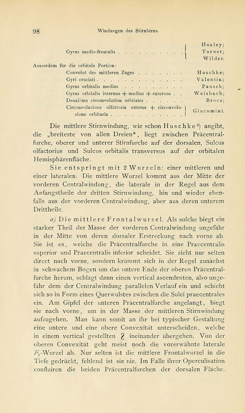 iHuxley; Turner; Wilder. Ausserdem für die orbitale Portion: Convolut des mittleren Zuges Huschke; Gyri cruciati Valentin; Gyrus orbitalis medius Pansch; Gyrus orbitalis internus -f- medius -|- externus . . Weisbach; Deuxieme circonvolution orbitaire Broca; Circonvoluzione olfattoria esterna -f- circonvolu- 1 , . Giacomini. zione orbitana J Die mittlere Stirnwindung, wie schon Huschke 9) angibt, die „breiteste von allen Dreien, liegt zwischen Präcentral- furche, oberer und unterer Stirnfurche auf der dorsalen, Sulcus olfactorius und Sulcus orbitalis transversus auf der orbitalen Hemisphärenfläche. Sie entspringt mit 2 Wurzeln: einer mittleren und einer lateralen. Die mittlere Wurzel kommt aus der Mitte der vorderen Centralwindung, die laterale in der Regel aus dem Anfangstheile der dritten Stirnwindung, hin und wieder eben- falls aus der vorderen Centralwindung, aber aus deren unterem Drittheile. a) Die mittlere Frontalwurzel. Als solche biegt ein starker Theil der Masse der vorderen Centralwindung ungefähr in der Mitte von deren dorsaler Erstreckung nach vorne ab. Sie ist es, welche die Präcentralfurche in eine Praecentralis superior und Praecentralis inferior scheidet. Sie zieht nur selten direct nach vorne, sondern krümmt sich in der Regel zunächst in schwachem Bogen um das untere Ende der oberen Präcentral- furche herum, schlägt dann einen vertical ascendenten, also unge- fähr dem der Centralwindung parallelen Verlauf ein und schiebt sich so in Form eines Querwulstes zwischen die Sulci praecentrales ein. Am Gipfel der unteren Präcentralfurche angelangt, biegt sie nach vorne, um in der Masse der mittleren Stirnwindung aufzugehen. Man kann somit an ihr bei typischer Gestaltung eine untere und eine obere Convexität unterscheiden, welche in einem vertical gestellten £ ineinander übergehen. Von der oberen Convexität geht meist noch die vorerwähnte laterale /^-Wurzel ab. Nur selten ist die mittlere Frontalwurzel in die Tiefe gedrückt, fehlend ist sie nie. Im Falle ihrer Operculisation confluiren die beiden Präcentralfurchen der dorsalen Fläche.