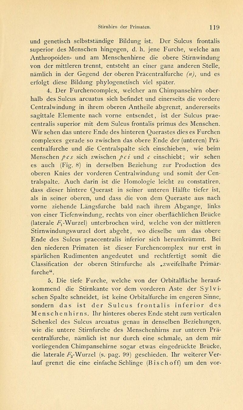 und genetisch selbstständige Bildung ist. Der Sulcus frontalis superior des Menschen hingegen, d. h. jene Furche, welche am Anthropoiden- und am Menschenhirne die obere Stirnwindung von der mittleren trennt, entsteht an einer ganz anderen Stelle, nämlich in der Gegend der oberen Präcentralfurche (n), und es erfolgt diese Bildung phylogenetisch viel später. 4. Der Furchencomplex, welcher am Chimpansehirn ober- halb des Sulcus arcuatus sich befindet und einerseits die vordere Centralwindung in ihrem oberen Antheile abgrenzt, andererseits sagittale Elemente nach vorne entsendet, ist der Sulcus prae- centralis superior mit dem Sulcus frontalis primus des Menschen. Wir sehen das untere Ende des hinteren Querastes dies es Furchen complexes gerade so zwischen das obere Ende der (unteren) Prä- centralfurche und die Centralspalte sich einschieben, wie beim Menschen pcs sich zwischen pci und c einschiebt; wir sehen es auch (Fig. 8) in derselben Beziehung zur Production des oberen Knies der vorderen Centralwindung und somit der Cen- tralspalte. Auch darin ist die Homologie leicht zu constatiren, dass dieser hintere Querast in seiner unteren Hälfte tiefer ist, als in seiner oberen, und dass die von dem Queraste aus nach vorne ziehende Längsfurche bald nach ihrem Abgange, links von einer Tiefenwindung, rechts von einer oberflächlichen Brücke (laterale ./^-Wurzel) unterbrochen wird, welche von der mittleren Stirnwindungswurzel dort abgeht, wo dieselbe um das obere Ende des Sulcus praecentralis inferior sich herumkrümmt. Bei den niederen Primaten ist dieser Furchencomplex nur erst in spärlichen Rudimenten angedeutet und rechtfertigt somit die Classification der oberen Stirnfurche als „zweifelhafte Primär- furche. 5. Die tiefe Furche, welche von der Orbitalfläche herauf- kommend die Stirnkante vor dem vorderen Aste der Sylvi- schen Spalte schneidet, ist keine Orbitalfurche im engeren Sinne, sondern das ist der Sulcus frontalis inferior des Menschenhirns. Ihr hinteres oberes Ende steht zum verticalen Schenkel des Sulcus arcuatus genau in denselben Beziehungen, wie die untere Stirnfurche des Menschenhirns zur unteren Prä- centralfurche, nämlich ist nur durch eine schmale, an dem mir vorliegenden Chimpansehirne sogar etwas eingedrückte Brücke, die laterale 7^2-Wurzel (s. pag. 99) geschieden. Ihr weiterer Ver- lauf grenzt die eine einfache Schlinge (Bischoff) um den vor-