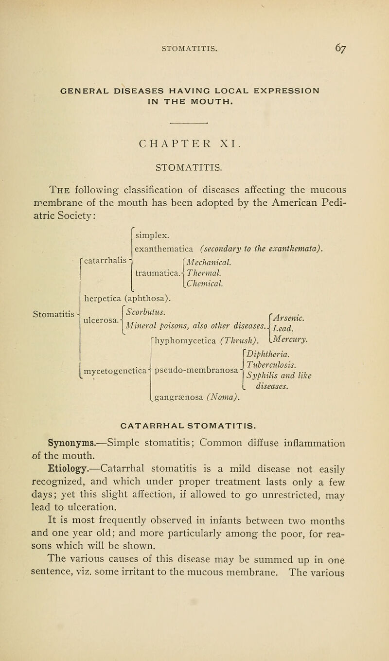 GENERAL DISEASES HAVING LOCAL EXPRESSION IN THE MOUTH. CHAPTER XI. STOMATITIS. The following classification of diseases affecting the mucous membrane of the mouth has been adopted by the American Pedi- atric Society: simplex. exanthematica (secondary to the exanthemata). {Mechanical. traumatica.-^ Thermal. [^Chemical. herpetica (aphthosa). {Scorbutus. , . Arsenic. Mineral poisons, also other diseases.] j^g^fj fhyphomycetica (Thrush). [Mercury. Diphtheria. Stomatitis 'catarrhalis - ulcerosa. mycetogenetica' pseudo-membranosa - ^gangrsenosa (Noma). Tuberculosis. Syphilis and like diseases. CATARRHAL STOMATITIS. Synonyms.—Simple stomatitis; Common diffuse inflammation of the mouth. Etiology.—^Catarrhal stomatitis is a mild disease not easily recognized, and which under proper treatment lasts only a few days; yet this slight affection, if allowed to go unrestricted, may lead to ulceration. It is most frequently observed in infants between two months and one year old; and more particularly among the poor, for rea- sons which will be shown. The various causes of this disease may be summed up in one sentence, viz. some irritant to the mucous membrane. The various