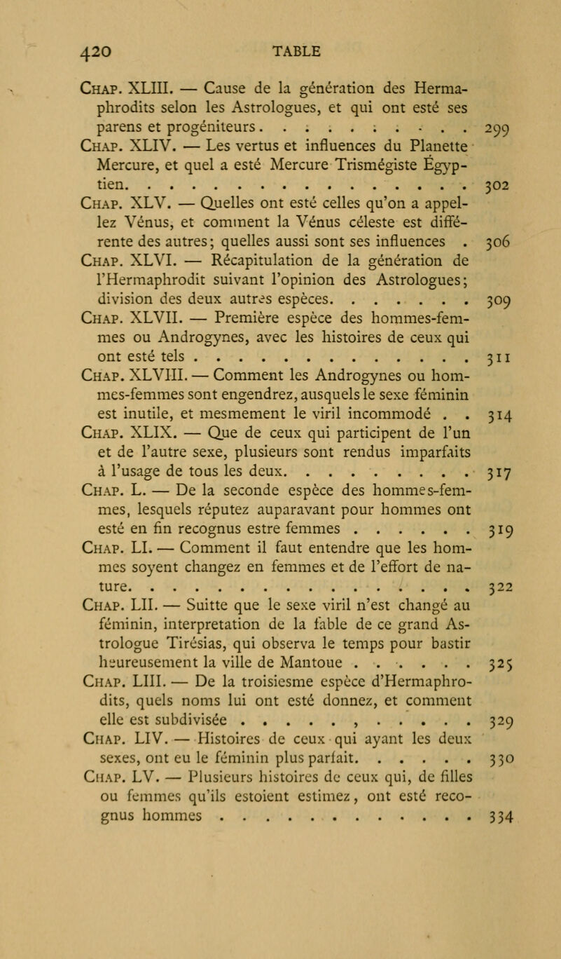 Chap. XLIII. — Cause de la génération des Herma- phrodits selon les Astrologues, et qui ont esté ses parens et progénileurs .....;.-.. 299 Chap. XLIV. — Les vertus et influences du Planette Mercure, et quel a esté Mercure Trismégiste Eg\'p- tien 302 Chap. XLV. — Quelles ont esté celles qu'on a appel- iez Vénus, et comment la Vénus céleste est diffé- rente des autres; quelles aussi sont ses influences . 306 Chap. XLVI. — Récapitulation de la génération de l'Hermaphrodit suivant l'opinion des Astrologues; division des deux autres espèces 309 Chap. XLVIL — Première espèce des hommes-fem- mes ou Androgynes, avec les histoires de ceux qui ont esté tels 311 Chap. XLVIIL — Comment les Androgynes ou hom- mes-femmes sont engendrez, ausquels le sexe féminin est inutile, et mesmement le viril incommodé . . 314 Chap. XLIX. — Que de ceux qui participent de l'un et de l'autre sexe, plusieurs sont rendus imparfaits à l'usage de tous les deux 317 Chap. L. — De la seconde espèce des hommes-fem- mes, lesquels réputez auparavant pour hommes ont esté en fin recognus estre femmes 319 Chap. LL — Comment il faut entendre que les hom- mes soyent changez en femmes et de l'effort de na- ture 322 Chap. LU. — Suitte que le sexe viril n'est changé au féminin, interprétation de la fable de ce grand As- trologue Tirésias, qui observa le temps pour bastir h'jureusement la ville de Mantoue . . . . . . 325 Chap. LUI. — De la troisicsme espèce d'Hermaphro- dits, quels noms lui ont esté donnez, et comment elle est subdivisée , 329 Chap. LIV.—Histoires de ceux qui ayant les deux sexes, ont eu le féminin plus parfait 330 Chap. LV. — Plusieurs histoires de ceux qui, de filles ou femmes qu'ils estoient estimez, ont esté reco- gnus hommes 334