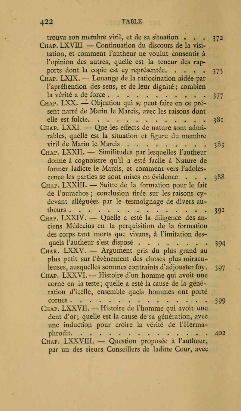 trouva son membre viril, et de sa situation . . . 372 Chap. LXVIII — Continuation du discours de la Visi- tation, et comment l'autheur ne voulut consentir à l'opinion des autres, quelle est la teneur des rap- ports dont la copie est cy représentée 375 Chap. LXIX. — Louange de la ratiocination aidée par l'apréhention des sens, et de leur dignité ; combien la vérité a de force 377 Chap. LXX. — Objection qui se peut faire en ce pré- sent narré de Marin le Marcis, avec les raisons dont elle est fulcie 381 Chap. LXXI. — Que les effects de nature sont admi- rables, quelle est la situation et figure du membre viril de Marin le Marcis 383 Chap. LXXII. — Similitudes par lesquelles l'autheur donne à cognoistre qu'il a esté facile à Nature de former ladicte le Marcis, et comment vers l'adoles- cence les parties se sont mises en évidence . . . 388 Chap. LXXIU. — Suitte de la formation pour le fait de l'ourachos ; conclusion tirée sur les raisons cy- devant alléguées par le tesmoignage de divers au- theurs , . 391 Chap. LXXIV. — Quelle a esté la diligence des an- ciens Médecins en la perquisition de la formation des corps tant morts que vivans, à l'imitation des- quels l'autheur s'est disposé 394 Char. LXXV. — Argument pris du plus grand au plus petit sur l'événement des choses plus miracu- leuses, ausquelles sommes contraints d'adjouster foy. 397 Chap. LXXVI. — Histoire d'un homme qui avoit une corne en la teste ; quelle a esté la cause de la géné- ration d'icelle, ensemble quels hommes ont porté cornes 399 Chap. LXXVII. — Histoire de l'homme qui avoit une dent d'or; quelle est la cause de sa génération, avec une induction pour croire la vérité de l'Herma- phrodit 402 Chap. LXXVIII. — Question proposée à l'autheur, par un des sieurs Conseillers de laditte Cour, avec