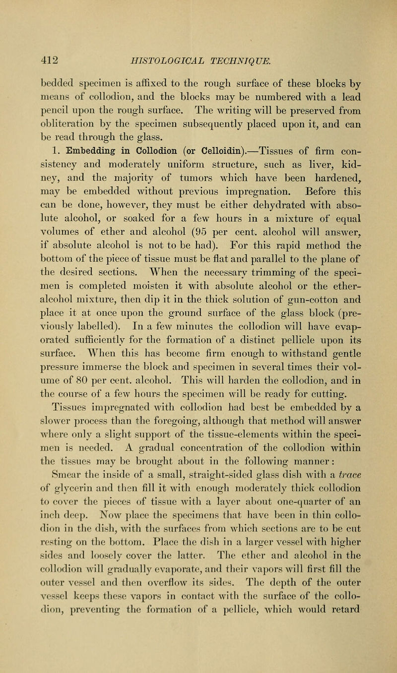 bedded specimen is affixed to the rough surface of these blocks by means of collodion, and the blocks may be numbered with a lead pencil upon the rough surface. The writing will be preserved from obliteration by the specimen subsequently placed upon it, and can be read through the glass. 1. Embedding in Collodion (or Celloidin).—Tissues of firm con- sistency and moderately uniform structure, such as liver, kid- ney, and the majority of tumors which have been hardened, may be embedded without previous impregnation. Before this can be done, however, they must be either dehydrated with abso- lute alcohol, or soaked for a few hours in a mixture of equal volumes of ether and alcohol (95 per cent, alcohol will answer, if absolute alcohol is not to be had). For this rapid method the bottom of the piece of tissue must be flat and parallel to the plane of the desired sections. When the necessary trimming of the speci- men is completed moisten it with absolute alcohol or the ether- alcohol mixture, then dip it in the thick solution of gun-cotton and place it at once upon the ground surface of the glass block (pre- viously labelled). In a few minutes the collodion will have evap- orated sufficiently for the formation of a distinct pellicle upon its surface. When this has become firm enough to withstand gentle pressure immerse the block and specimen in several times their vol- ume of 80 per cent, alcohol. This will harden the collodion, and in the course of a few hours the specimen will be ready for cutting. Tissues impregnated with collodion had best be embedded by a slower process than the foregoing, although that method Avill answer where only a slight support of the tissue-elements within the speci- men is needed. A gradual concentration of the collodion within the tissues may be brought about in the following manner: Smear the inside of a small, straight-sided glass dish with a trace of glycerin and then fill it with enough moderately thick collodion to cover the pieces of tissue with a layer about one-quarter of an inch deep. Now place the specimens that have been in thin collo- dion in the dish, with the surfaces from which sections are to be cut resting on the bottom. Place the disli in a larger vessel with higher sides and loosely cover the latter. The ether and alcohol in the collodion will gradually evaporate, and their vapors will first fill the outer vessel and then overflow its sides. The depth of the outer vessel keeps tliese vapors in contact with the surface of the collo- dion, preventing the formation of a pellicle, which would retard