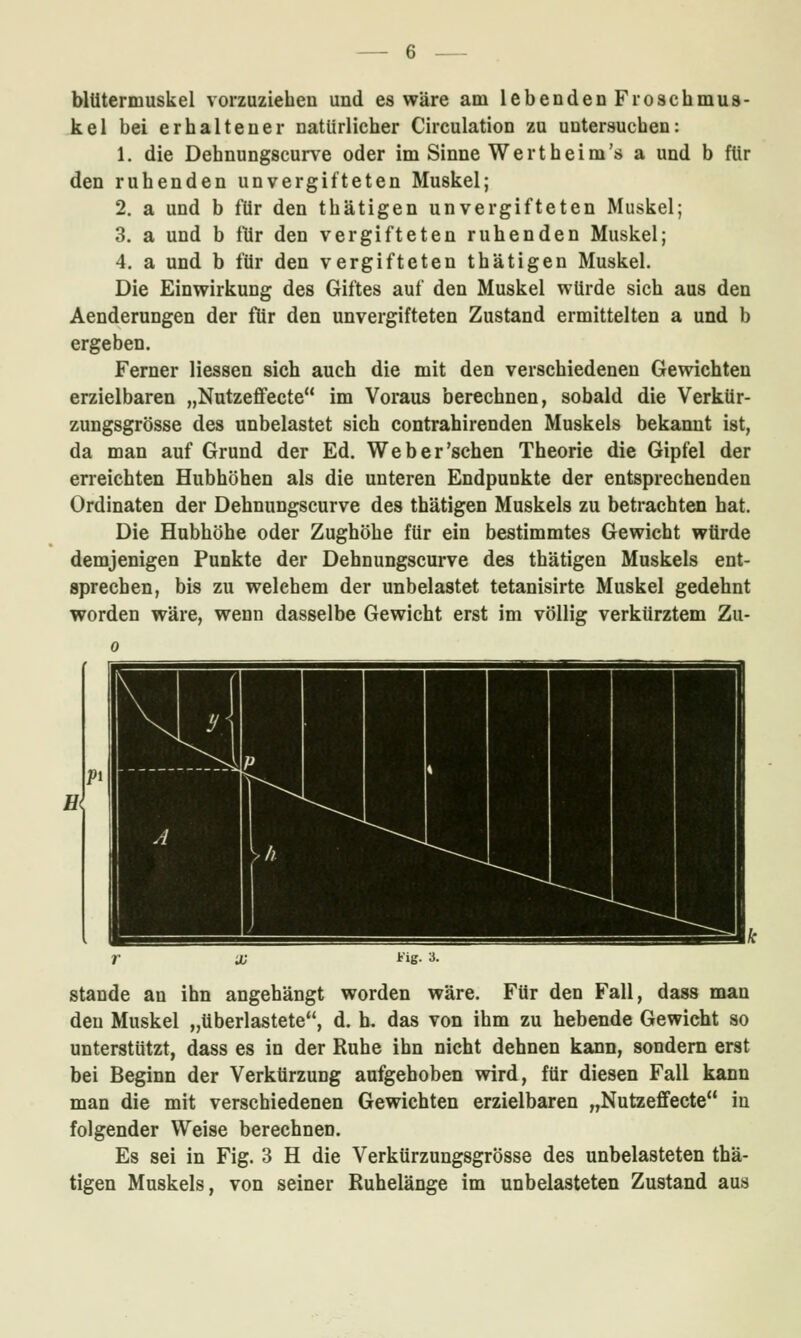 blütermuskel vorzuziehen und es wäre am lebenden Froschmus- kel bei erhaltener natürlicher Circulation zu untersuchen: 1. die Dehnungscurve oder im Sinne Wert heim's a und b für den ruhenden unvergifteten Muskel; 2. a und b für den thätigen unvergifteten Muskel; 3. a und b für den vergifteten ruhenden Muskel; 4. a und b für den vergifteten thätigen Muskel. Die Einwirkung des Giftes auf den Muskel würde sich aus den Aenderungen der für den unvergifteten Zustand ermittelten a und b ergeben. Ferner Hessen sich auch die mit den verschiedeneu Gewichten erzielbaren „Nutzeffecte im Voraus berechnen, sobald die Verkür- zungsgrösse des unbelastet sich contrahirenden Muskels bekannt ist, da man auf Grund der Ed. Web er'sehen Theorie die Gipfel der erreichten Hubhöhen als die unteren Endpunkte der entsprechenden Ordinalen der Dehnungscurve des thätigen Muskels zu betrachten hat. Die Hubhöhe oder Zughöhe für ein bestimmtes Gewicht würde demjenigen Punkte der Dehnungscurve des thätigen Muskels ent- sprechen, bis zu welchem der unbelastet tetanisirte Muskel gedehnt worden wäre, wenn dasselbe Gewicht erst im völlig verkürztem Zu- Fig. 3. Stande an ihn angehängt worden wäre. Für den Fall, dass man den Muskel „überlastete, d. b. das von ihm zu hebende Gewicht so unterstützt, dass es in der Ruhe ihn nicht dehnen kann, sondern erst bei Beginn der Verkürzung aufgehoben wird, für diesen Fall kann man die mit verschiedenen Gewichten erzielbaren „Nutzeffecte in folgender Weise berechnen. Es sei in Fig. 3 H die Verkürzungsgrösse des unbelasteten thä- tigen Muskels, von seiner Ruhelänge im unbelasteten Zustand aus