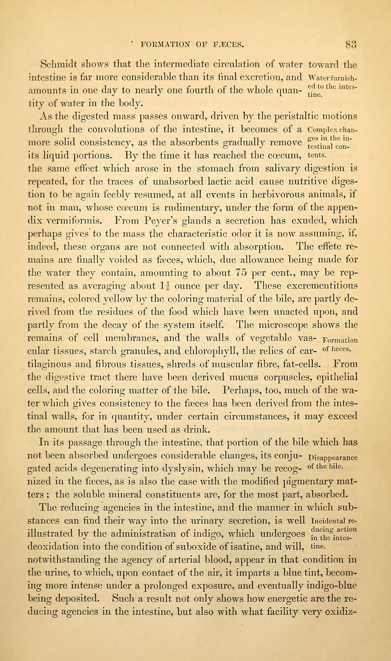 Schmidt shows that the intermediate circulation of water toward the intestine is far more considerable than its final excretion, and Water fumish- amounts in one day to nearly one fourth of the whole quan- ^[J^^ ^''° ''^*' tity of water in the body. As the digested mass passes onward, driven by the peristaltic motions through the convolutions of the intestine, it becomes of a Complex chan- more solid consistency, as the absorbents gradually remove fes\iaicw' its liquid portions. By the time it has reached the coecum, tents. the same etfect which arose in the stomach from salivary digestion is repeated, for the traces of unabsorbed lactic acid cause nutritive diges- tion to be again feebly resumed, at all events in herbivorous animals, if not in man, whose coecum is rudimentary, under the form of the appen- dix vermiformis. From Peyer's glands a secretion has exuded, which perhaps gives to the mass the characteristic odor it is now assuming, if, indeed, these organs are not connected with absorption. The effete re- mains are finally voided as faeces, which, due allowance being made for the water they contain, amounting to about 75 per cent., may be rep- resented as averaging about 1| ounce per day. These excrementitious remains, colored yellow by the coloring material of the bile, are partly de- rived from the residues of the food Avhich have been unacted upon, and partly from the decay of the system itself. The microscope shows the remains of cell membranes, and the walls of vegetable vas- Formation cular tissues, starch granules, and chlorophyll, the relics of car- ^^ feces. tilaginous and fibrous tissues, shreds of muscular fibre, fat-cells. From the digestive tract there have been derived mucus corpuscles, epitlielial cells, and the coloring matter of the bile. Perhaps, too, much of the wa- ter which gives consistency to the fgeces has been derived from the intes- tinal walls, for in quantity, under certain circumstances, it may exceed the amount that has been used as drink. In its passage through the intestine, that portion of the bile which has not been absorbed undergoes considerable changes, its conju- Disappearance gated acids degenerating into dyslysin, which may be recog- °^ ^^^ '^^^®- nized in the fa3ces, as is also the case with the modified pigmentary mat- ters ; the soluble mineral constituents are, for the most part, absorbed. The reducing agencies in the intestine, and the manner in which sub- stances can find their way into the urinary secretion, is well Incidenta] re- illustrated by the administration of indigo, which undergoes j^ tiiifintes- deoxidation into the condition of suboxide of isatine, and will, tine, notwithstanding the agency of arterial blood, appear in that condition in the urine, to which, upon contact of the air, it imparts a blue tint, becom- ing more intense under a prolonged exposure, and eventually indigo-blue being deposited. Such a result not only shows how energetic are the re- ducing agencies in the intestine, but also with what facility very oxidiz-