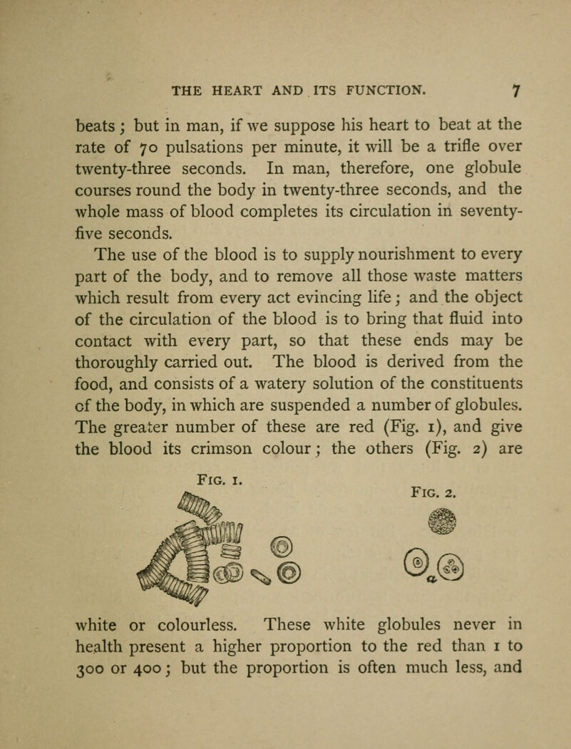 beats j but in man, if we suppose his heart to beat at the rate of 70 pulsations per minute, it will be a trifle over twenty-three seconds. In man, therefore, one globule courses round the body in twenty-three seconds, and the whole mass of blood completes its circulation in seventy- five seconds. The use of the blood is to supply nourishment to every part of the body, and to remove all those waste matters which result from every act evincing life; and the object of the circulation of the blood is to bring that fluid into contact with every part, so that these ends may be thoroughly carried out. The blood is derived from the food, and consists of a watery solution of the constituents of the body, in which are suspended a number of globules. The greater number of these are red (Fig. i), and give the blood its crimson colour ; the others (Fig. 2) are Fig. I. Fig. 2. white or colourless. These white globules never in health present a higher proportion to the red than i to 300 or 400; but the proportion is often much less, and