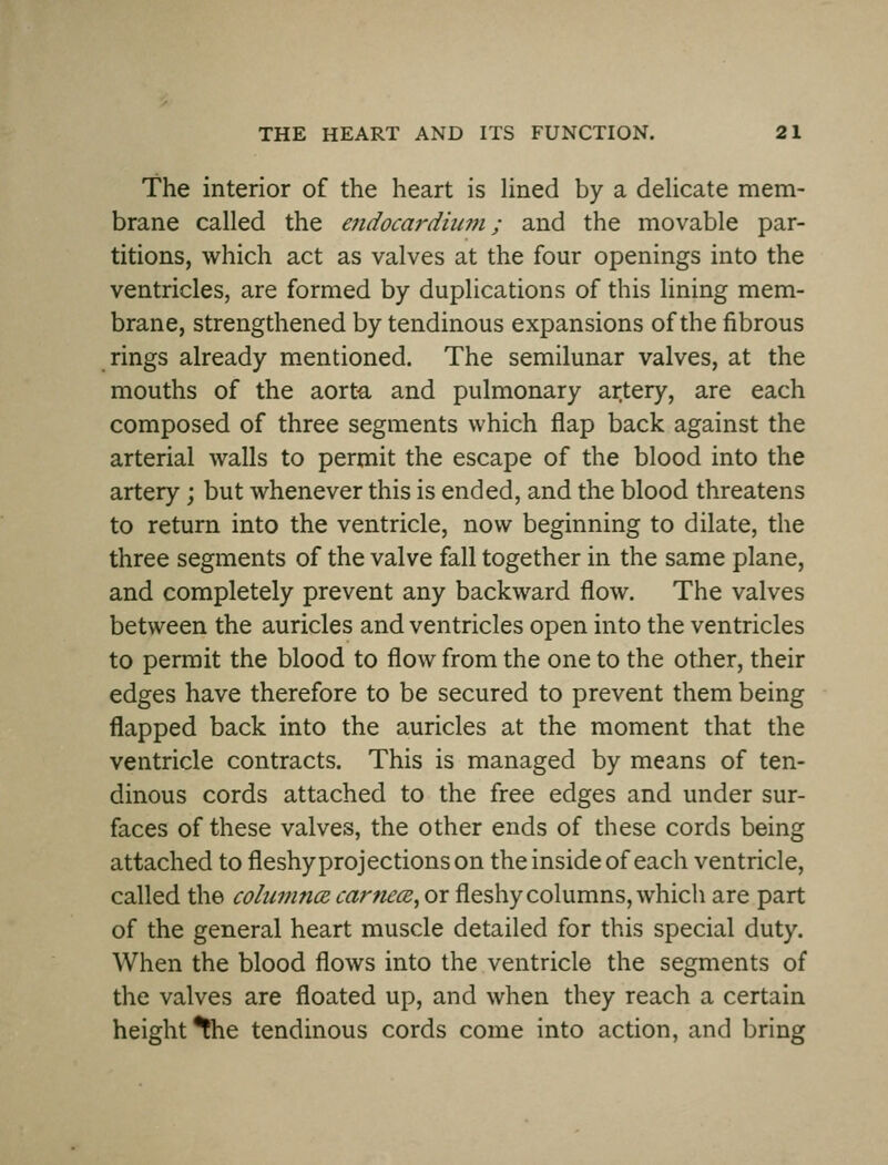 The interior of the heart is lined by a deHcate mem- brane called the eiidocaj'diiuii; and the movable par- titions, which act as valves at the four openings into the ventricles, are formed by duplications of this lining mem- brane, strengthened by tendinous expansions of the fibrous rings already mentioned. The semilunar valves, at the mouths of the aorta and pulmonary artery, are each composed of three segments which flap back against the arterial walls to permit the escape of the blood into the artery; but whenever this is ended, and the blood threatens to return into the ventricle, now beginning to dilate, the three segments of the valve fall together in the same plane, and completely prevent any backward flow. The valves between the auricles and ventricles open into the ventricles to permit the blood to flow from the one to the other, their edges have therefore to be secured to prevent them being flapped back into the auricles at the moment that the ventricle contracts. This is managed by means of ten- dinous cords attached to the free edges and under sur- faces of these valves, the other ends of these cords being attached to fleshy projections on the inside of each ventricle, called the columnce caniece, or fleshy columns, which are part of the general heart muscle detailed for this special duty. When the blood flows into the ventricle the segments of the valves are floated up, and when they reach a certain height ^he tendinous cords come into action, and bring