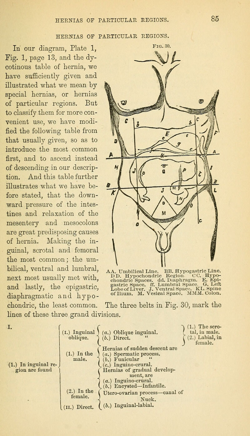 HERNIAS OF PAETICULAE EEGIONS. HEENIAS OF PAETICULAE EEGIONS. In our diagram, Plate 1, fig.so. Fig. 1, page 13, and the dy- cotinous table of hernia, we have sufficiently given and illustrated what we mean by special hernias, or hernias of particular regions. But to classify them for more con- venient use, we have modi- fied the following table from that usually given, so as to introduce the most common first, and to ascend instead of descending in our descrip- tion. And this table further illustrates what we have be- fore stated, that the down- ward pressure of the intes- tines and relaxation of the mesentery and mesocolons are great predisposing causes of hernia. Making the in- guinal, scrotal and femoral the most common; the um- bilical, ventral and lumbral, next most usually met with, and lastly, the epigastric, diaphragmatic and hypo- chondric, the least common. The three belts in Fig. 30, mark the lines of these three grand divisions. AA. Umbilical Line. BB. Hypogastric Line. DD. Hypochondric Region. CC. Hypo- chondric Spaces, dd. Diaphragm. E. Epi- gastric Space, ff. Lumbral Space. G. Left Lobeof Liver. J. Ventral Space. KL. Spine of Ilium. M. Vesical Space. MMM. Colon. (I.) Inguinal j (a.) Oblique inguinal, oblique. 1 (6.) Direct.  r Hernias of sudden descent are (1.) In the J (a.) Spermatic process. ■\ (1.) The scro- ' tal, ia male, r (2.) Labial, in female. (1.) In inguinal re-, gion are found ] male. (2.) In the female. ^(11.) Direct. t(6.) Funicular (c.) Inguino-crural. r Hernias of gradual develop- j ment, are 1 (a.) Inguino-crural. \{b.) Encysted—Infantile. Utero-ovarian process—canal of Xuck. (&.) Inguinal-labial.