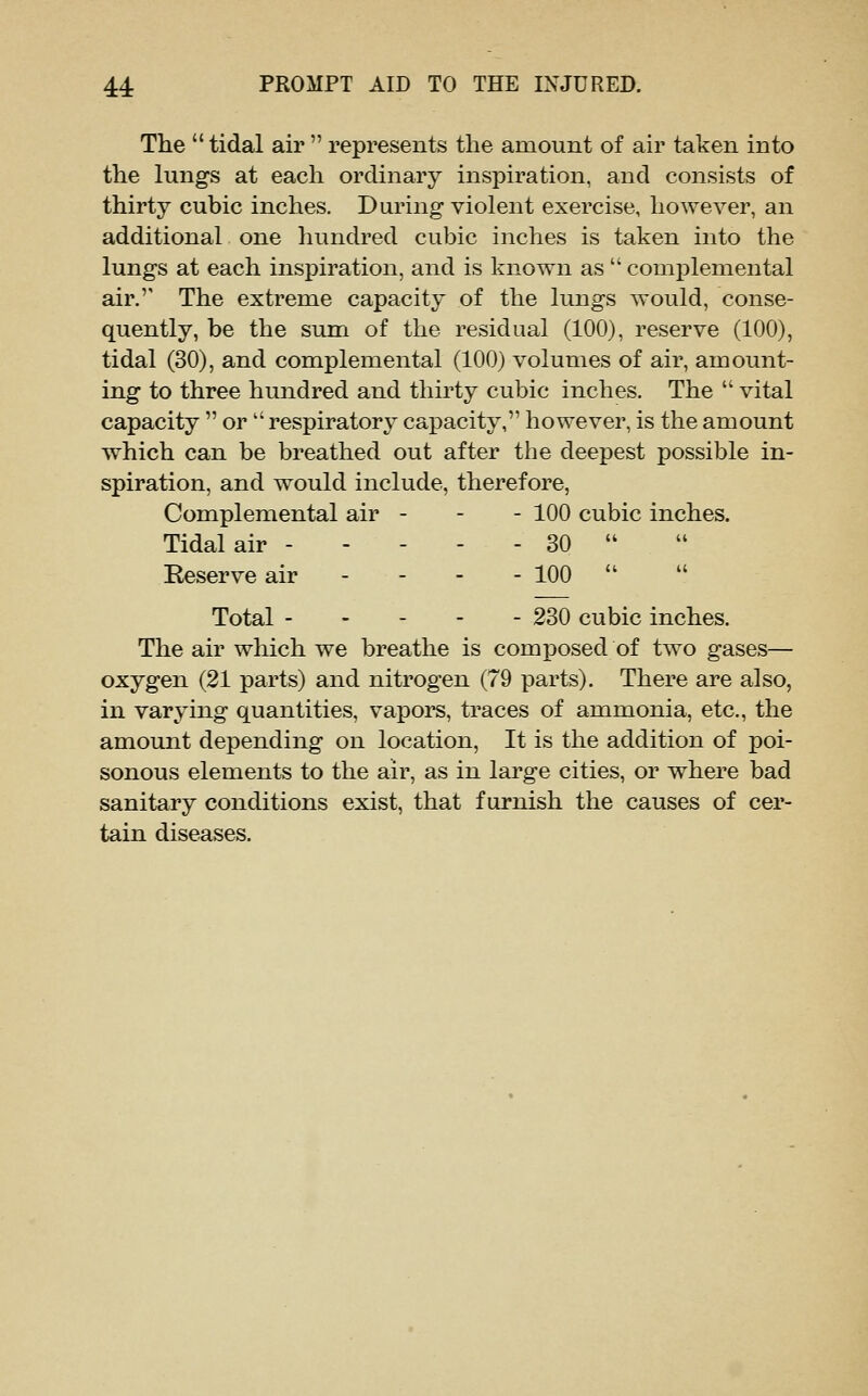 The  tidal air  represents the amount of air taken into the lungs at each ordinary inspiration, and consists of thirty cubic inches. During violent exercise, however, an additional one hundred cubic inches is taken into the lungs at each inspiration, and is known as  comj)leniental air.'' The extreme capacity of the lungs would, conse- quently, be the sum of the residual (100), reserve (100), tidal (30), and complemental (100) volumes of air, amount- ing to three hundred and thirty cubic inches. The  vital capacity  or  respiratory capacity, however, is the amount which can be breathed out after the deepest possible in- spiration, and would include, therefore, Complemental air - - - 100 cubic inches. Tidal air ----- 30  Eeserve air - - - - 100  Total 230 cubic inches. The air which we breathe is composed of two gases— oxygen (21 parts) and nitrogen (79 parts). There are also, in varying quantities, vapors, traces of ammonia, etc., the amount depending on location. It is the addition of poi- sonous elements to the air, as in large cities, or where bad sanitary conditions exist, that furnish the causes of cer- tain diseases.