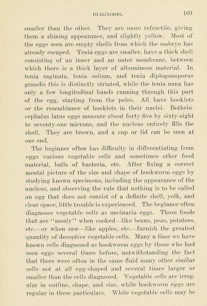 smaller than the other. They are more refractile, giving them a shining appearance, and slightly yellow. Most of the eggs seen are empty shells from which the embryo has already escaped. Tenia eggs are smaller, have a thick shell consisting of an inner and an outer membrane, between which there is a thick layer of albuminous material. In tenia saginata, tenia solium, and tenia diplogonoporus grandis this is distinctly striated, while the tenia nana has only a few longitudinal bands running through this part of the egg, starting from the poles. All have booklets or the resemblance of booklets in their nuclei. Bothrio- cephalus latus eggs measure about forty-five by sixty-eight to seventy-one microns, and the nucleus entirely fills th^ shell. They are brown, and a cap or lid can be seen at one end. The beginner often has difficulty in differentiating from eggs various vegetable cells and sometimes other food material, balls of bacteria, etc. After fixing a correct mental picture of the size and shape of hookworm eggs by studying known specimens, including the appearance of the nucleus, and observing the rule that nothing is to be called an egg that does not consist of a definite shell, yolk, and clear space, little trouble is experienced. The beginner often diagnoses vegetable cells as uncinaria eggs. Those foods that are mealy when cooked—like beans, peas, potatoes, etc.—or when raw—like apples, etc.—furnish the greatest quantity of deceptive vegetable cells. Many a time we have known cells diagnosed as hookworm eggs by those who had seen eggs several times before, notwithstanding the fact that there were often in the same fluid many other similar cells not at all egg-shaped and several times larger or smaller than the cells diagnosed. Vegetable cells are irreg- ular in outline, shape, and size, while hookworm eggs are regular in these particulars. While vegetable cells may be