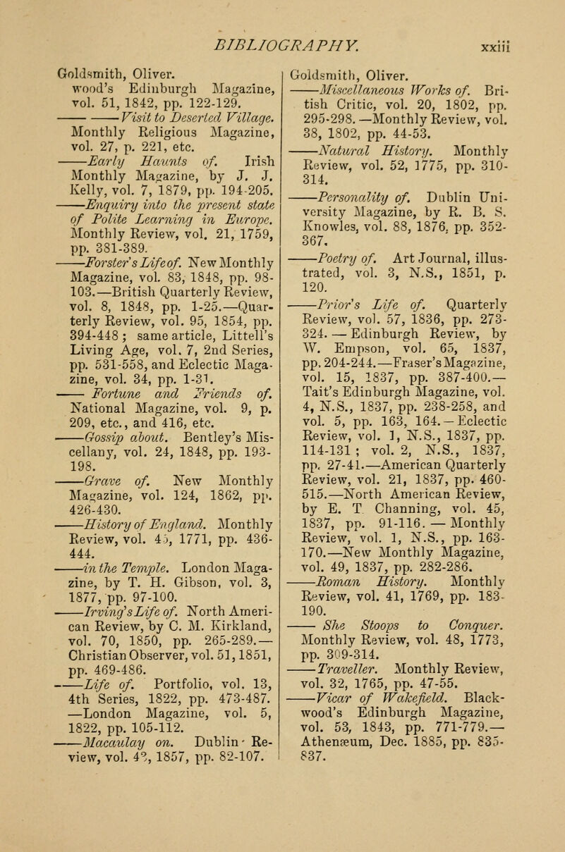 Goldsmith, Oliver. wood's Edinburgh Magazine, vol. 51, 1842, pp. 122-129. Visit to Deserted Village. Monthly Religious Magazine, vol. 27, p. 221, etc. Early Haunts of. Irish Monthly Magazine, by J. J. Kelly, vol. 7, 1879, pp. 194-205. -Enquiry into the present stale of Polite Learning in Europe. Monthly Review, vol. 21, 1759, pp. 381-389. -Forsters Lifeof. New Monthly Magazine, vol. 83, 1848, pp. 103.—British Quarterly Review, vol. 8, 1848, pp. 1-25.—Quar- terly Review, vol. 95, 1854, pp. 394-448; same article, Littell's Living Age, vol. 7, 2nd Series, pp. 531-558, and Eclectic Maga- zine, vol. 34, pp. 1-31. — Fortune and Friends of. National Magazine, vol. 9, p. 209, etc., and 416, etc. —Gossip about. Bentley's Mis- cellany, vol. 24, 1848, pp. 193- New 124, Monthly 1862, pp. 198. —Grave of. Magazine, vol. 426-430. —History of England. Monthly Review, vol. 45, 1771, pp. 436- 444. —in the Temple. London Maga- zine, by T. H. Gibson, vol. 3, 1877, pp. 97-100. —Irving'sLife of. North Ameri- can Review, by C. M. Kirkland, vol. 70, 1850, pp. 265-289.— Christian Observer, vol. 51,1851, pp. 469-486. Life of. Portfolio, vol. 13, 4th Series, 1822, pp. 473-487. —London Magazine, vol. 5, 1822, pp. 105-112. Macaulay on. Dublin- Re- view, vol. 4°,, 1857, pp. 82-107. Goldsmith, Oliver. Miscellaneous Works of. Bri- tish Critic, vol. 20, 1802, pp. 295-298. —Monthly Review, vol. 38, 1802, pp. 44-53. -Natural History. Monthly Review, vol. 52, ]775, pp. 310- 314. —Personality of. Duhlin Uni- versity Magazine, by R. B. S. Knowles, vol. 88, 1876. pp. 352- 367. —Poetry of. Art Journal, illus- trated, vol. 3, N.S., 1851, p. 120. —Priors Life of. Quarterly Review, vol. 57, 1836, pp. 273- 324. — Edinburgh Review, by W. Empson, vol. 65, 1837, pp, 204-244.—Fraser'sMagazine, vol. 15, 1837, pp. 387-400.— Tait's Edinburgh Magazine, vol, 4, N.S., 1837, pp. 238-258, and vol. 5, pp. 163, 164.— Eclectic Review, vol. 1, N.S., 1837, pp. 114-131 ; vol. 2, N.S., 1837, pp. 27-41.—American Quarterly Review, vol. 21, 1837, pp. 460- 515.—North American Review, by E. T Channing, vol. 45, 1837, pp. 91-116.—Monthly Review, vol. 1, N.S., pp. 163- 170.—New Monthly Magazine, vol. 49, 1837, pp. 282-286. —Roman History. Monthly Review, vol. 41, 1769, pp. 183- 190. — She Stoops to Conquer. Monthly Review, vol. 48, 1773, pp. 309-314. — Traveller. Monthly Review, vol. 32, 1765, pp. 47-55. —Vicar of Wakefield. Black- wood's Edinburgh Magazine, vol. 53, 1843, pp. 771-779.— Athenaeum, Dec. 1885, pp. 835* 837.