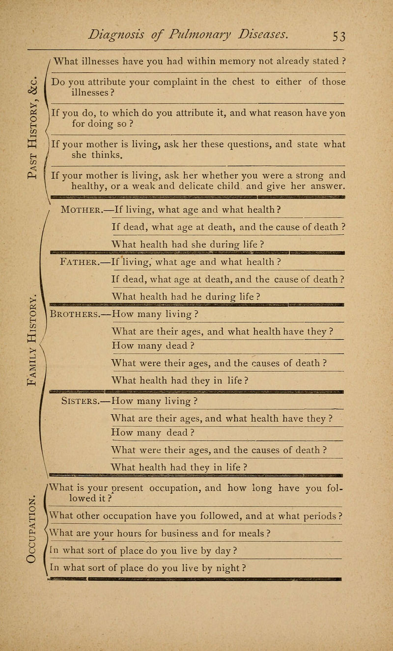 / What illnesses have you had within memory not already stated ? o j Do you attribute your complaint in the chest to either of those ^ I illnesses ? > \ \ : \ ^ I If you do, to which do you attribute it, and what reason have yon H / for doing so ? C/3 ( W If your mother is living, ask her these questions, and state what fH / she thinks. m I <; r ; ~ fi-i If your mother is living, ask her whether you were a strong and \ healthy, or a weak and delicate child and give her answer. Mother.—If living, what age and what health? If dead, what age at death, and the cause of death ? What health had she during life ? Father.—If living,' what age and what health ? If dead, what age at death, and the cause of death ? kJ \ What health had he during life? O I Brothers.—How many living ? What are their ages, and what health have they ? How many dead ? What were their ages, and the causes of death ? <1 fn / What health had they in life ? Sisters.—How many living ? What are their ages, and what health have they ? How many dead ? What were their ages, and the causes of death ? What health had they in life ? fWhat is your present occupation, and how long have you fol- lowed it ? O \~ P HVhat other occupation have you followed, and at what periods ? < l~r \ ^ ^What are your hours for business and for meals ? o u O u /In what sort of place do you live by day? In what sort of place do you live by night ?