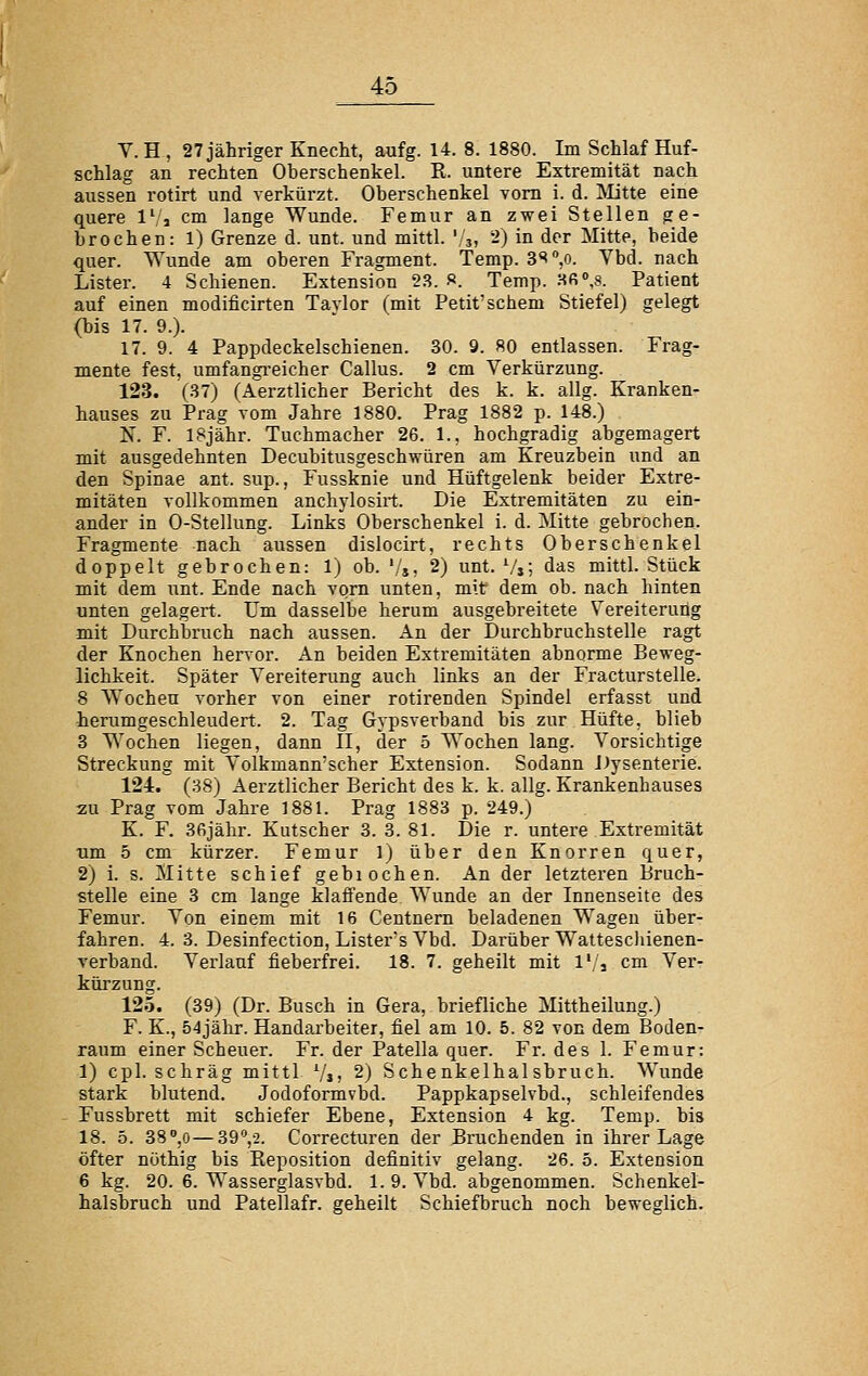 V. H, 27 jähriger Knecht, aufg. 14. 8. 1880. Im Schlaf Huf- schlag an rechten Oberschenkel. R. untere Extremität nach aussen rotirt und verkürzt. Oberschenkel vom i. d. Glitte eine quere IV j cm lange Wunde. Femur an zwei Stellen ge- brochen: 1) Grenze d. unt. und mittl. '3, 2) in der Mitte, beide quer. Wunde am oberen Fragment. Temp. B'^,o. Vbd. nach Lister. 4 Schienen. Extension 23. ». Temp. sfi°,8. Patient auf einen modificirten Tavlor (mit Petit'schem Stiefel) gelegt (bis 17. 9.). 17. 9. 4 Pappdeckelschienen. 30. 9. 80 entlassen. Frag- mente fest, umfangi'eicher Callus. 2 cm Verkürzung. 123. (.S7) (Aerztlicher Bericht des k. k. allg. Kranken- hauses zu Prag vom Jahre 1880. Prag 1882 p. 148.) N. F. iSjähr. Tuchmacher 26. 1., hochgradig abgemagert mit ausgedehnten Decubitusgeschvrüren am Kreuzbein und an den Spinae ant. sup., Fussknie und Hüftgelenk beider Extre- mitäten vollkommen anchylosirt. Die Extremitäten zu ein- ander in 0-StelIung. Links Oberschenkel i. d. Mitte gebrochen. Fragmente nach aussen dislocirt, rechts Oberschenkel doppelt gebrochen: 1) ob. '/$, 2) unt. \/,; das mittl. Stück mit dem unt. Ende nach vorn unten, mit dem ob. nach hinten unten gelagert. Um dasselbe herum ausgebreitete Vereiterung mit Durchbruch nach aussen. An der Durchbruchstelle ragt der Knochen hervor. An beiden Extremitäten abnorme Beweg- lichkeit. Später Vereiterung auch links an der Fracturstelle. 8 Wochen vorher von einer rotirenden Spindel erfasst und herumgeschleudert. 2. Tag Gypsverband bis zur Hüfte, blieb 3 Wochen liegen, dann II, der 5 Wochen lang. Vorsichtige Streckung mit Volkmann'scher Extension. Sodann Dysenterie. 124. (38) Aerztlicher Bericht des k. k. allg. Krankenhauses zu Prag vom Jahre 1881. Prag 1883 p. 249.) K. F. 36jähr. Kutscher 3. 3. 81. Die r. untere Extremität um 5 cm kürzer. Femur 1) über den Knorren quer, 2) i. s. Mitte schief gebiochen. An der letzteren Bruch- stelle eine 3 cm lange klaffende Wunde an der Innenseite des Femur. Von einem mit 16 Centnem beladenen Wagen über- fahren. 4. 3. Desinfection, Listers Vbd. Darüber Wattescliienen- verband. Verlauf fieberfrei. 18. 7. geheilt mit l'/, cm Ver- kürzung. 125. (39) (Dr. Busch in Gera, briefliche Mittheilung.) F. K., 54jähr. Handarbeiter, fiel am 10. 5. 82 von dem Boden- raum einer Scheuer. Fr. der Patella quer. Fr. des 1. Femur: 1) cpl. schräg mittl Vjj 2) Schenkelhalsbruch. Wunde stark blutend. Jodoformvbd. Pappkapselvbd., schleifendes Fussbrett mit schiefer Ebene, Extension 4 kg. Temp. bis 18. 5. 38,o—39*,-2. Correcturen der Bruchenden in ihrer Lage öfter nöthig bis Reposition definitiv gelang. 26. 5. Extension 6 kg. 20. 6. Wasserglasvbd. 1. 9. Vbd. abgenommen. Schenkel- halsbruch und Patellafr. geheilt Schiefbruch noch beweglich.