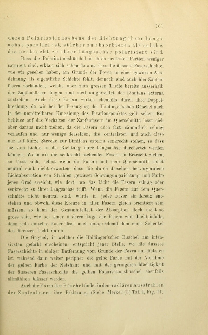 deren Polarisationsebene der Eichtung ihrer Längs- achse parallel ist. stärker zu absorbieren als solche, die senkrecht zu ihrer Längsachse polarisiert sind. Dass die Polarisationsbüschel in ihren centralen Partien weniger saturiert sind, erklärt sich schon daraus, dass die äussere Faserschichte, wie wir gesehen haben, am Grunde der Fovea in einer gewissen Aus- dehnung als eigentliche Schichte fehlt, dennoch sind auch hier Zapfen- fasern vorhanden, welche aber zum grossen Theile bereits ausserhalb der Zapfenkörner liegen und steil aufgerichtet der Limitans externa zustreben. Auch diese Fasern wirken ebenfalls durch ihre Doppel- brechung, da wir bei der Erzeugung der Haidinger'schen Büschel auch in der unmittelbaren Umgebung des Fixationspunktes gelb sehen. Ein Schluss auf das Verhalten der Zapfenfasern im Querschnitte lässt sich aber daraus nicht ziehen, da die Fasern doch fast sämmtlich schräg verlaufen und nur wenige derselben, die centralsten und auch diese nur auf kurze Strecke zur Limitans externa senkrecht stehen, so dass sie vom Lichte in der Eichtung ihrer Längsachse durchsetzt werden können. Wenn wir die senkrecht stehenden Fasern in Betracht ziehen, so lässt sich, selbst Avenn die Fasern auf dem Querschnitte nicht neutral sind, nicht erwarten, dass die durch dieselben hervorgerufene Lichtabsorption von Strahlen gewisser Schwingungsrichtung und Farbe jenen Grad erreicht, wie dort, wo das Licht die Fasern schräg oder senkrecht zu ihrer Längsachse trifft. Wenn die F?-sern auf dem Quer- schnitte nicht neutral sind, würde in jeder Faser ein Kreuz ent- stehen und obwohl diese Kreuze in allen Fasern gleich orientiert sein müssen, so kann der Gesammteffect der Absorption doch nicht so gi'oss sein, wie bei einer anderen Lage der Fasern zum Lichteinfalle, denn jede einzelne Faser lässt auch entsprechend dem einen Schenkel des Kreuzes Licht durch. Die Gegend, in welcher die Haidinger'schen Büschel am inten- sivsten gefärbt erscheinen, entspricht jener Stelle, wo die äussere Faserschiclite in einiger Entfernung vom Grunde der Fovea am dicksten ist. Avährend dann weiter peripher die gelbe Farbe mit der Abnahme der gelben Farbe der Netzhaut und mit der geringeren Mächtigkeit der äusseren Faserschichte die gelben Polarisationsbüschel ebenfalls allmählicli blässer werden. Auch die Form der B ü s ch e 1 findet in dem ra d i ä re n A u ss trah 1 e ii ilor Zapfenfasern ihre Erklärung. (Siehe .Alerkel (M) Taf. I, Fig. 11.